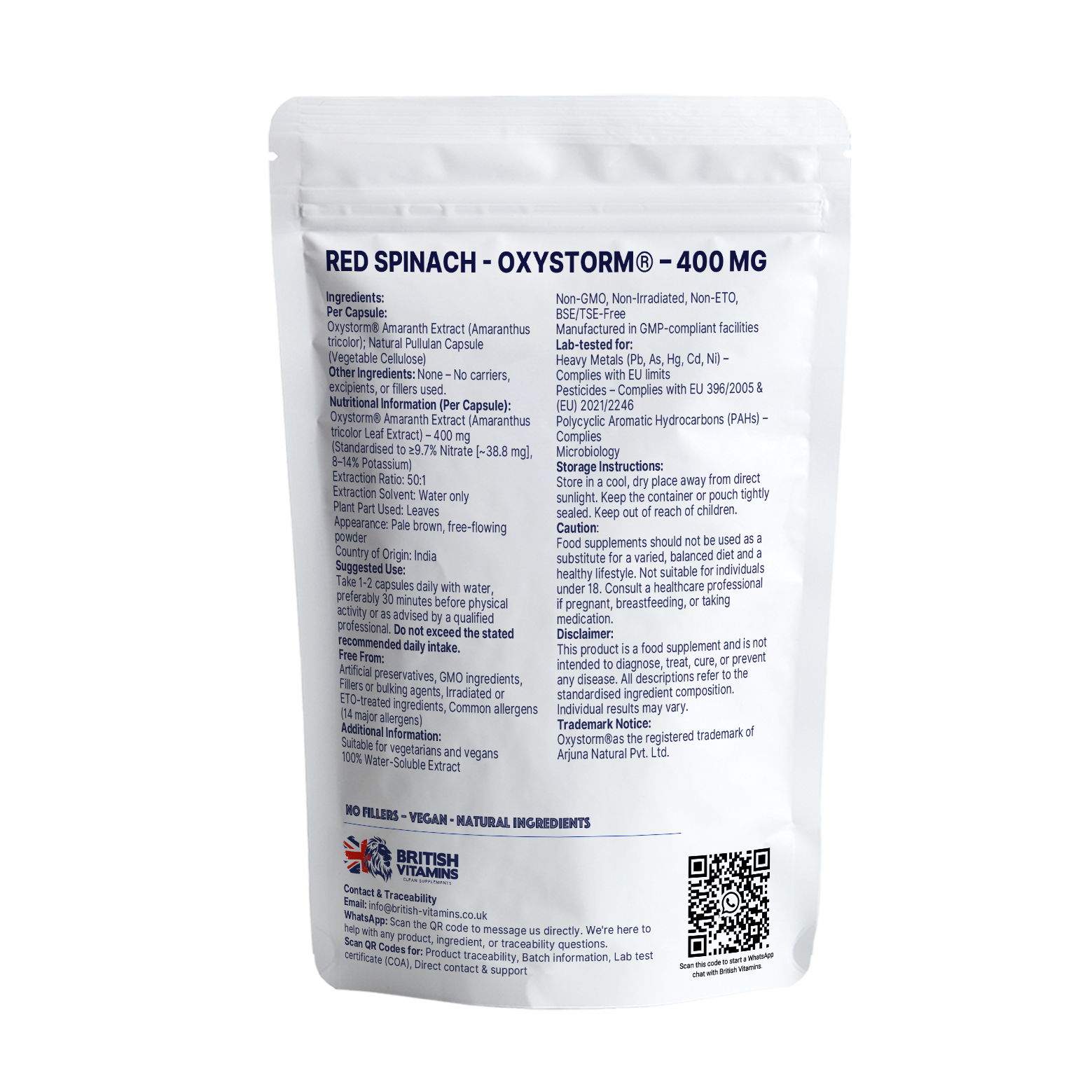 British Vitamins Red Spinach Oxystorm 400mg food supplement capsules packaging