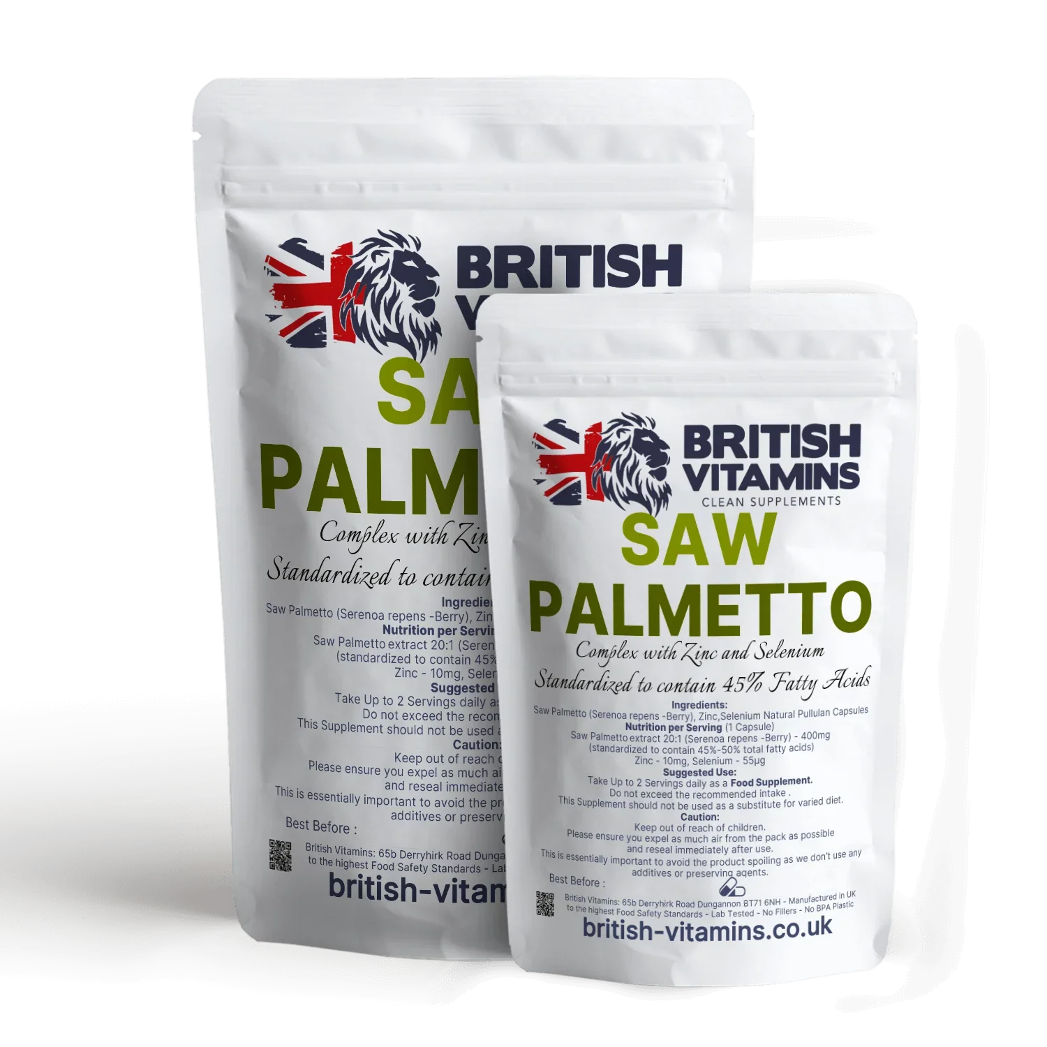 British Vitamins Saw Palmetto food supplement capsules in white resealable pouches, health supplement collection