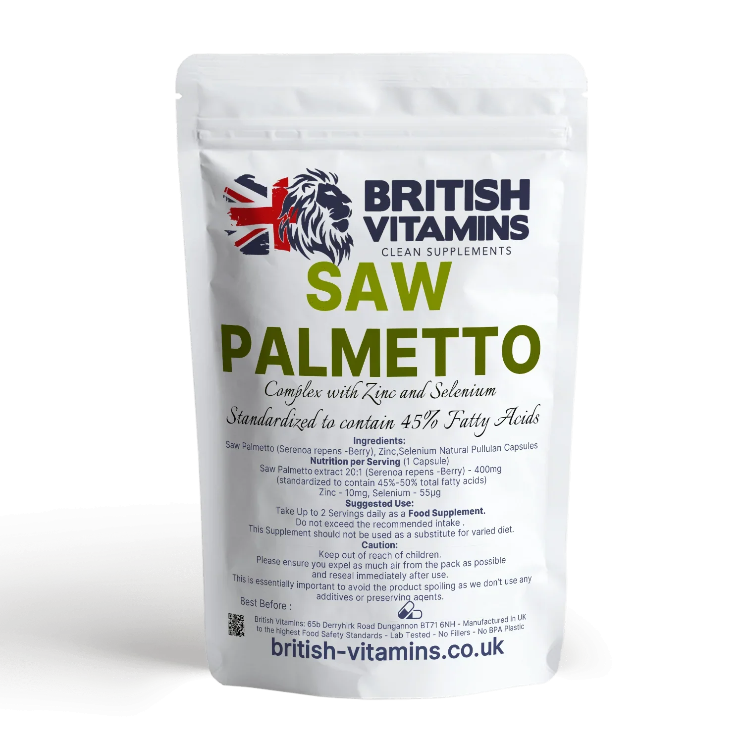 British Vitamins Saw Palmetto food supplement pouch with zinc and selenium capsules