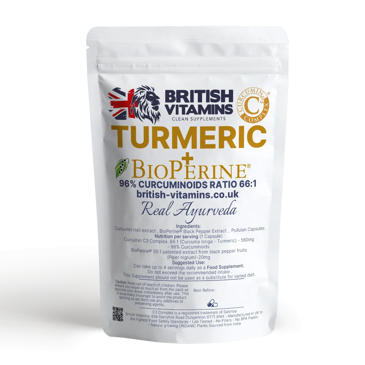 British Vitamins Turmeric BioPerine food supplement capsule package, clean supplements collection