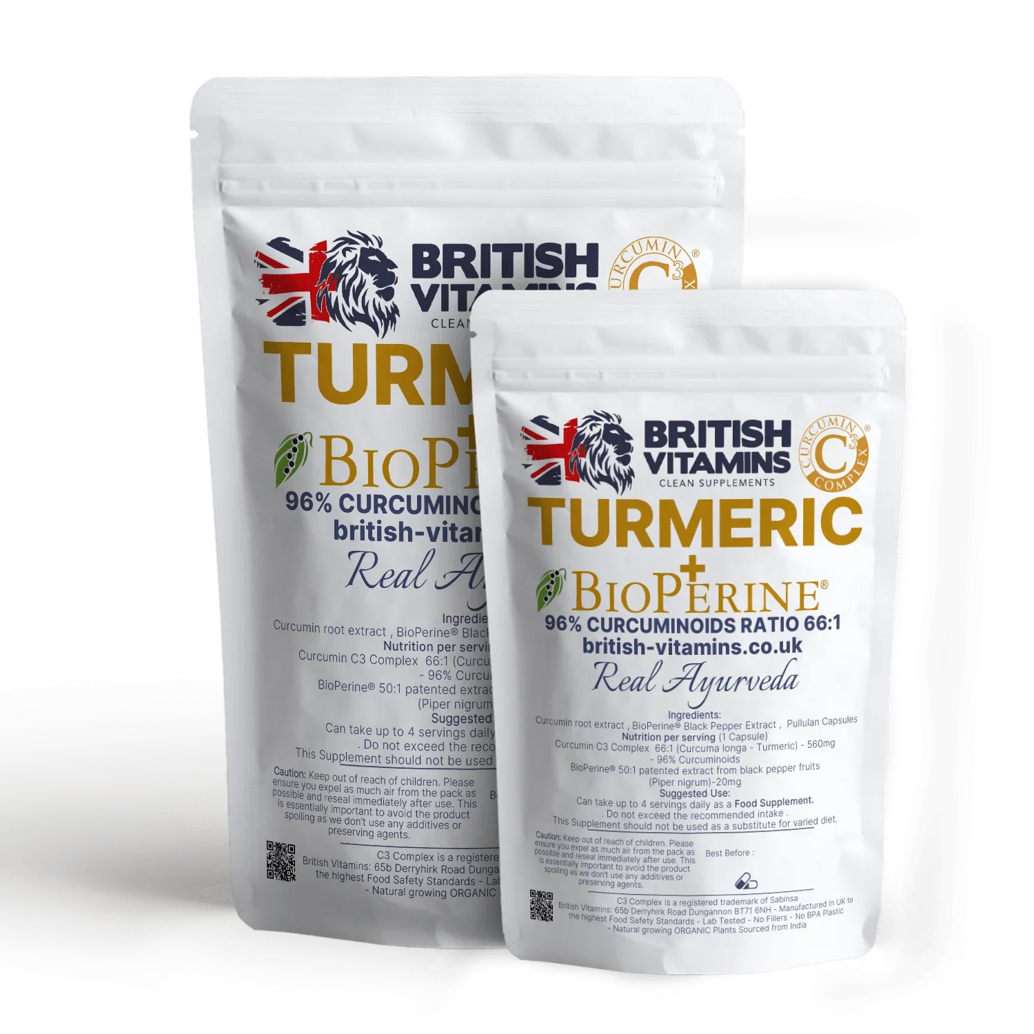 British Vitamins Turmeric BioPerine food supplement capsules in white resealable pouches from natural supplements collection