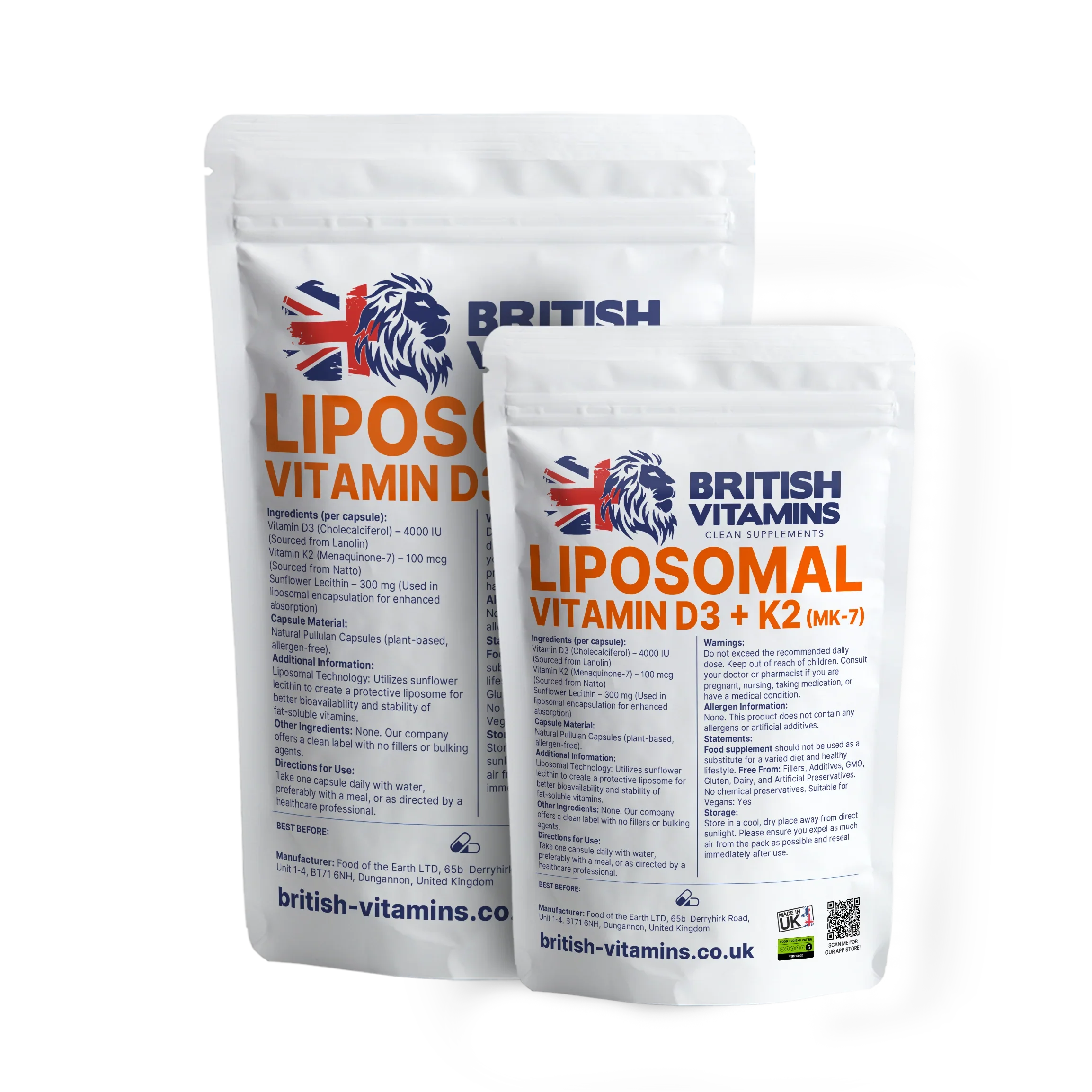 British Vitamins Liposomal Vitamin D3 + K2 MK-7 food supplement in resealable white pouches