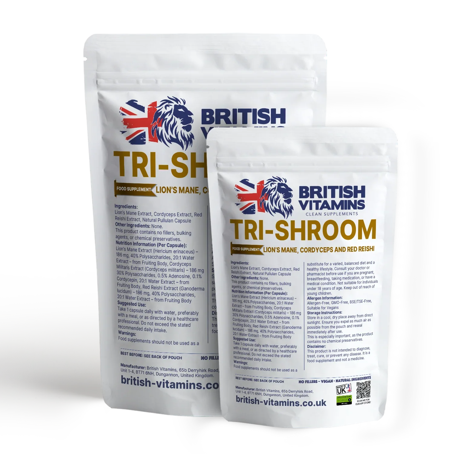 British Vitamins Tri-Shroom food supplement with Lion's Mane, Cordyceps and Red Reishi mushrooms