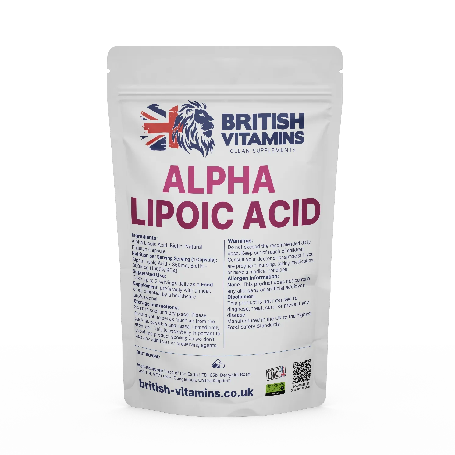 British Vitamins Alpha Lipoic Acid food supplement capsule in clean supplements category