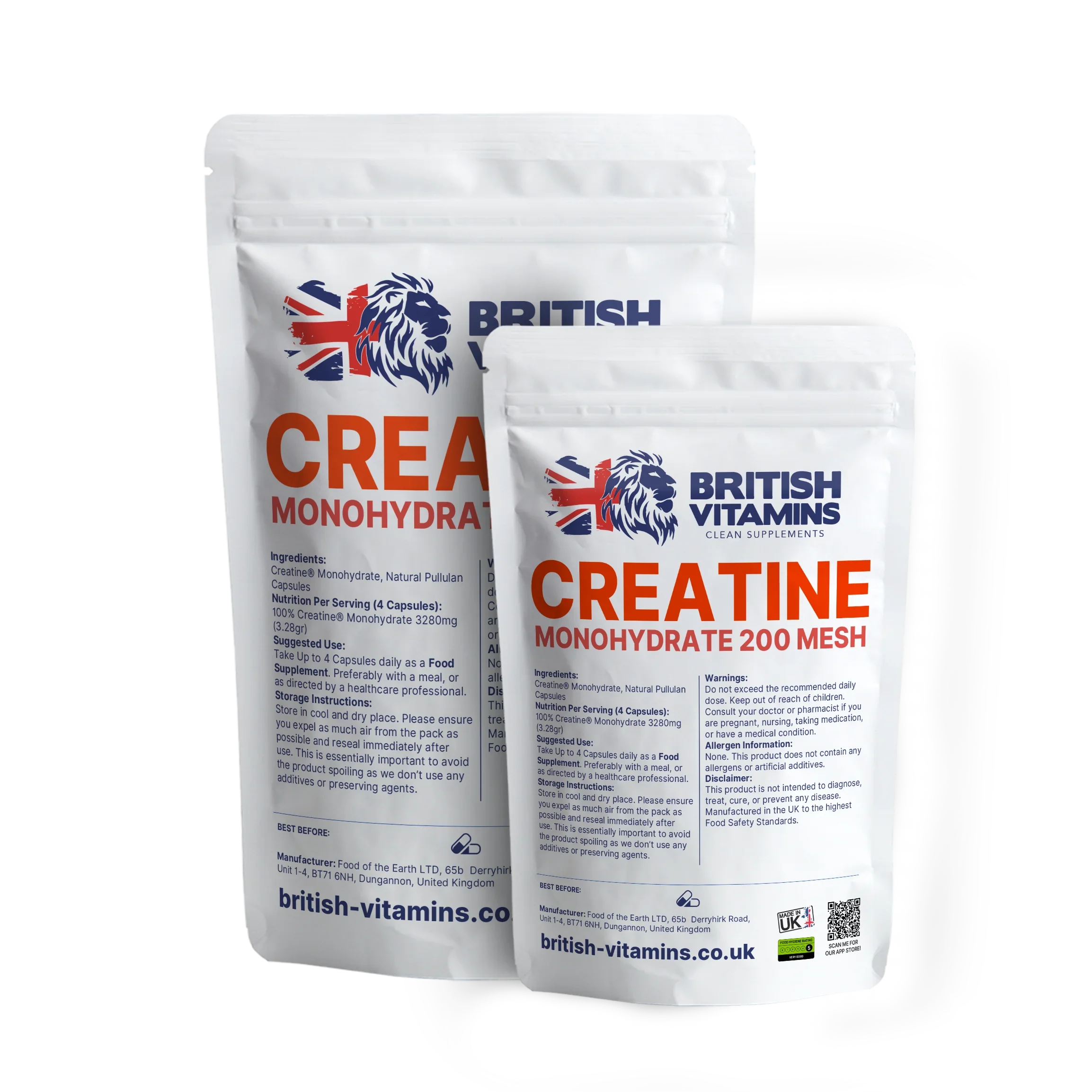 British Vitamins Creatine Monohydrate 200 Mesh food supplement packaging from health and sports supplements collection