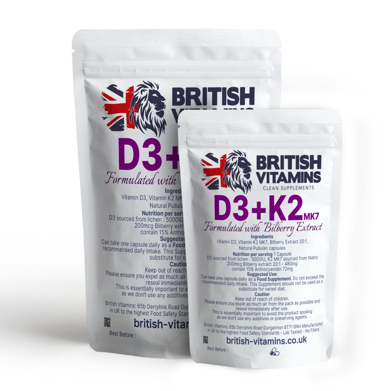 British Vitamins D3+K2 MK7 food supplement with Bilberry Extract packaging Clean Supplements collection