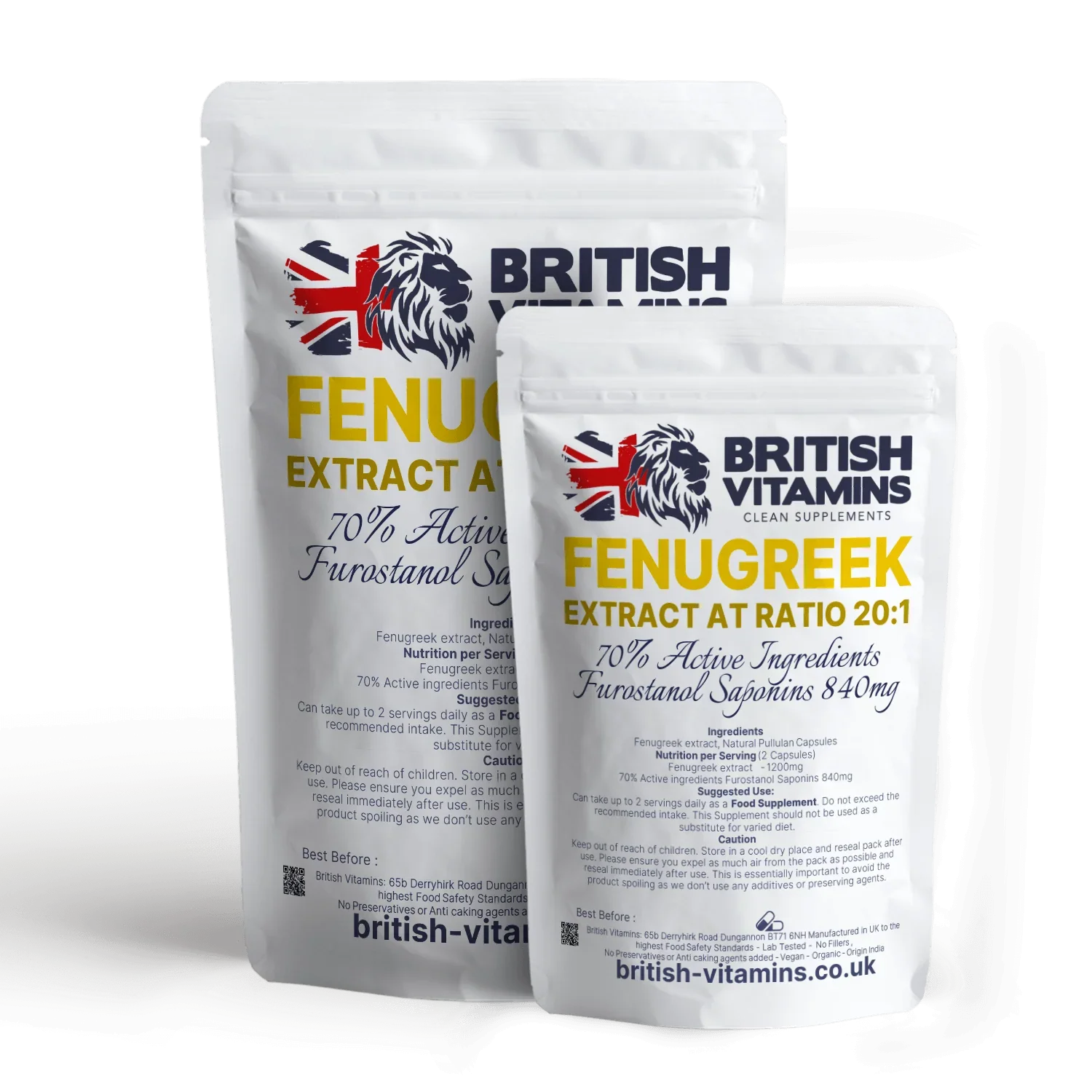 British Vitamins Fenugreek Extract 20:1 food supplement capsules in white resealable pouches from health supplements collection
