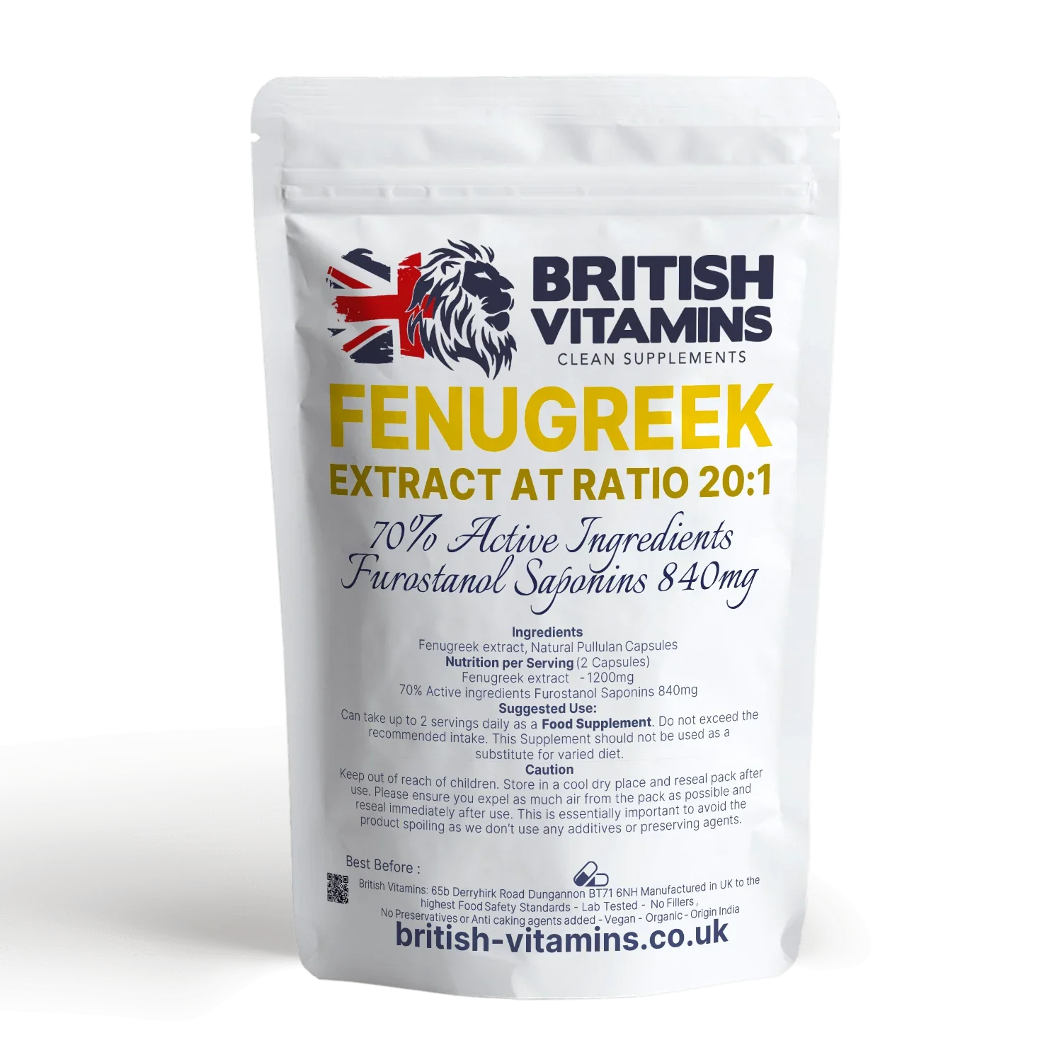 British Vitamins Fenugreek Extract 20:1 food supplement in white resealable pouch from clean supplements collection