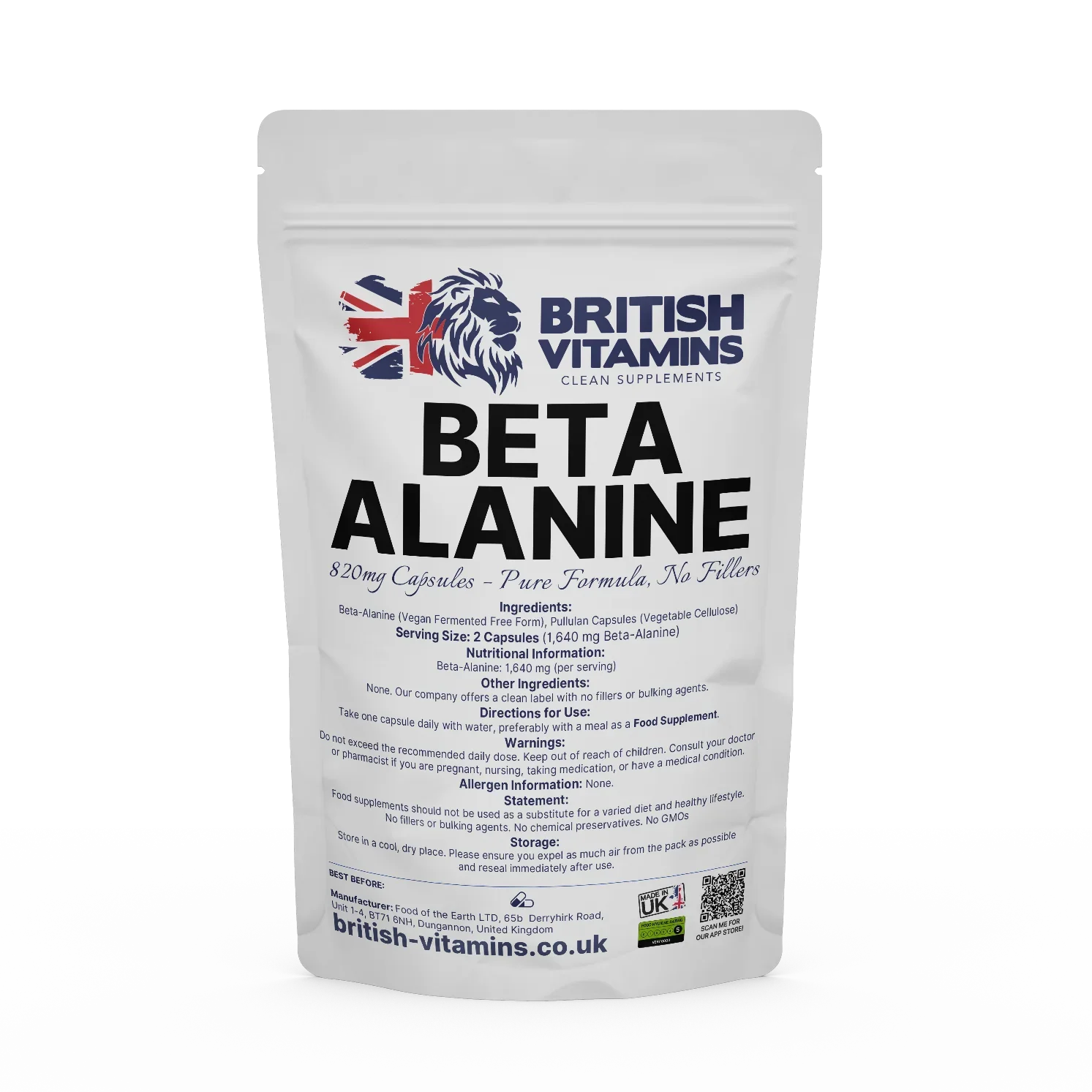 British Vitamins Beta Alanine 820mg capsules clean supplements food supplement packaging