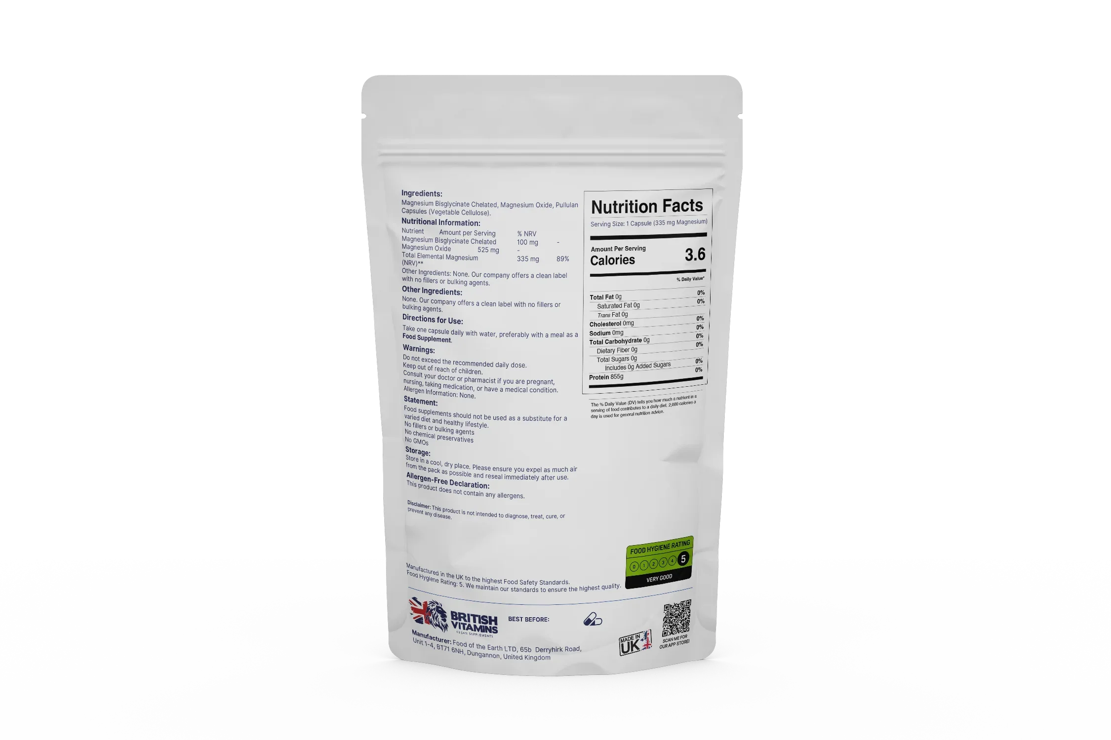 British Vitamins Chelated Magnesium capsules food supplement nutrition facts and ingredients clean label