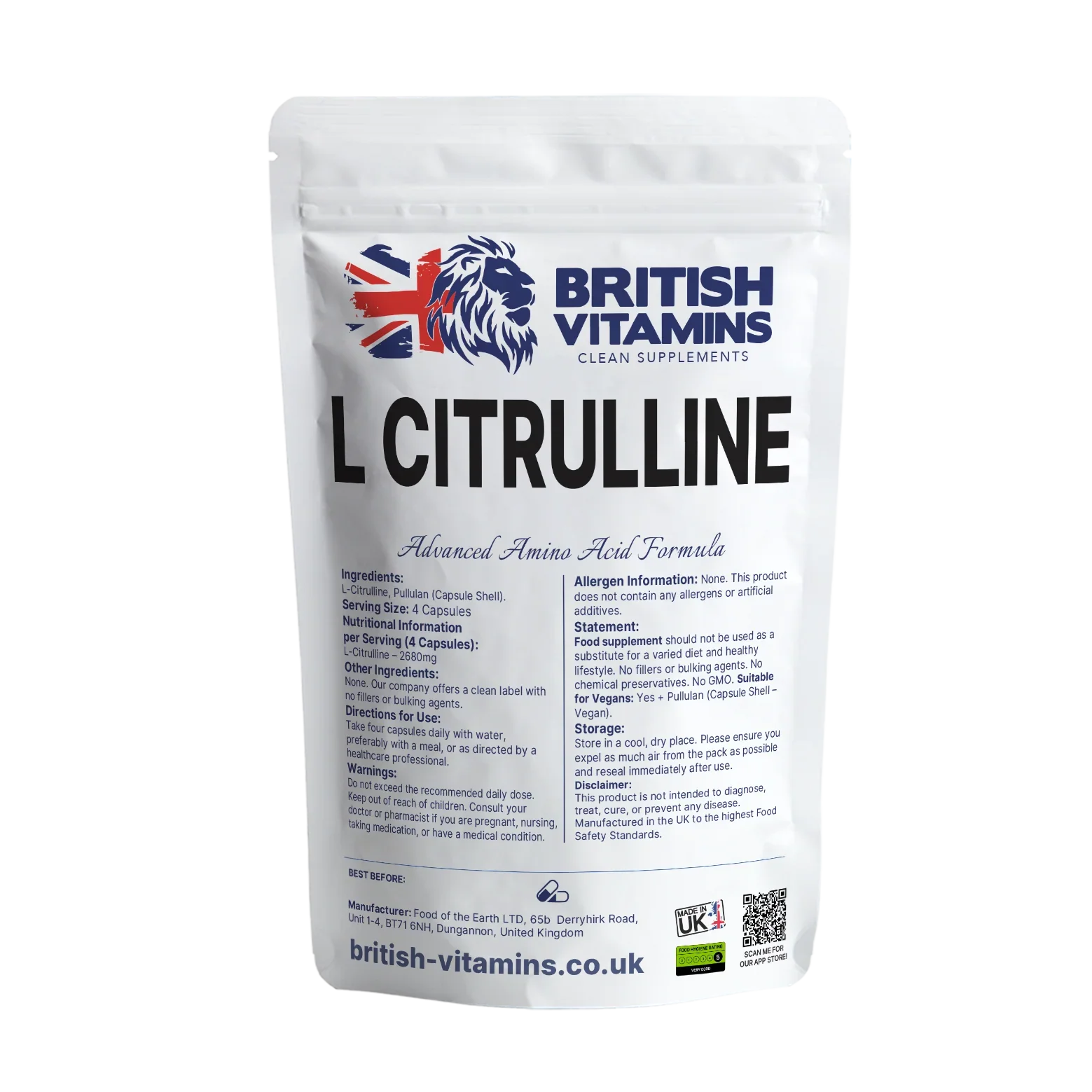 British Vitamins L Citrulline advanced amino acid formula food supplement in resealable pouch