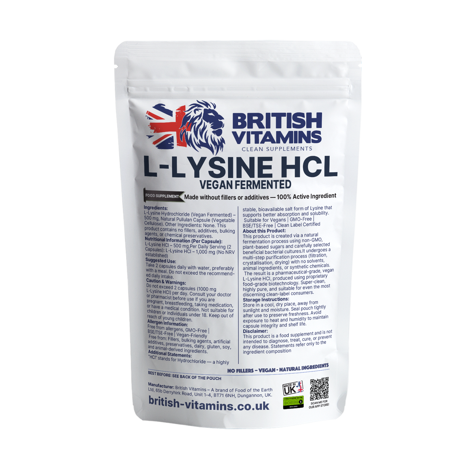 British Vitamins L-Lysine HCL vegan fermented food supplement pouch, clean supplements collection