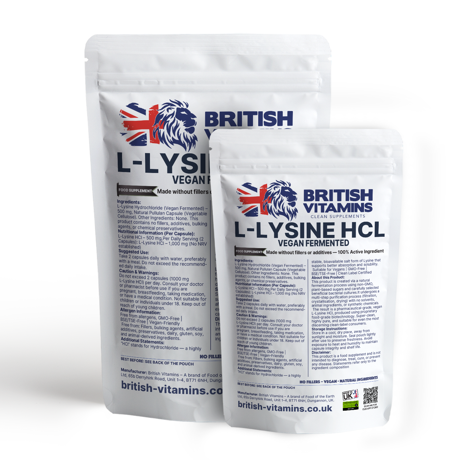 British Vitamins L-Lysine HCL vegan fermented food supplement pouches health beauty vitamins