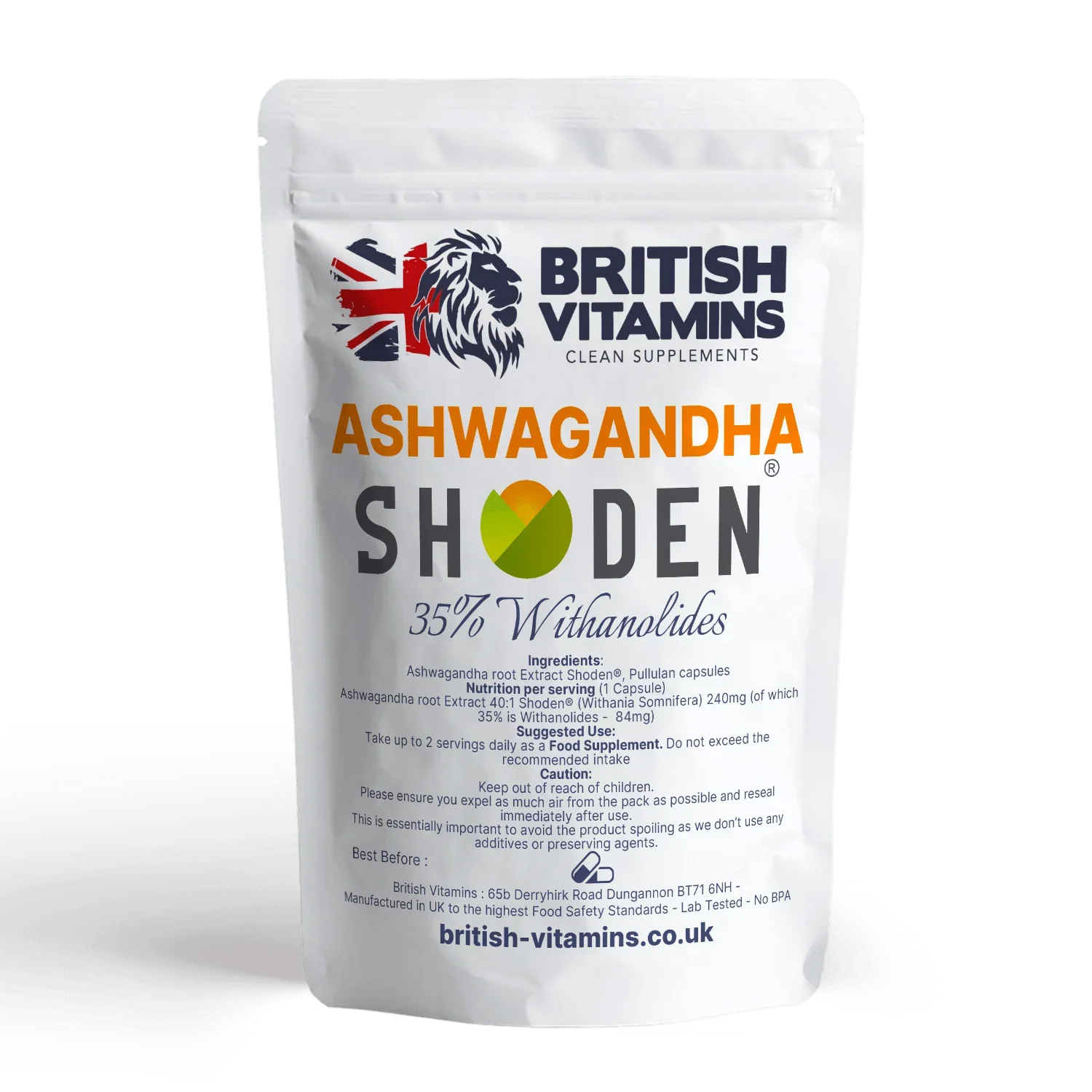 British Vitamins Ashwagandha Shoden food supplement capsules in clean supplements collection