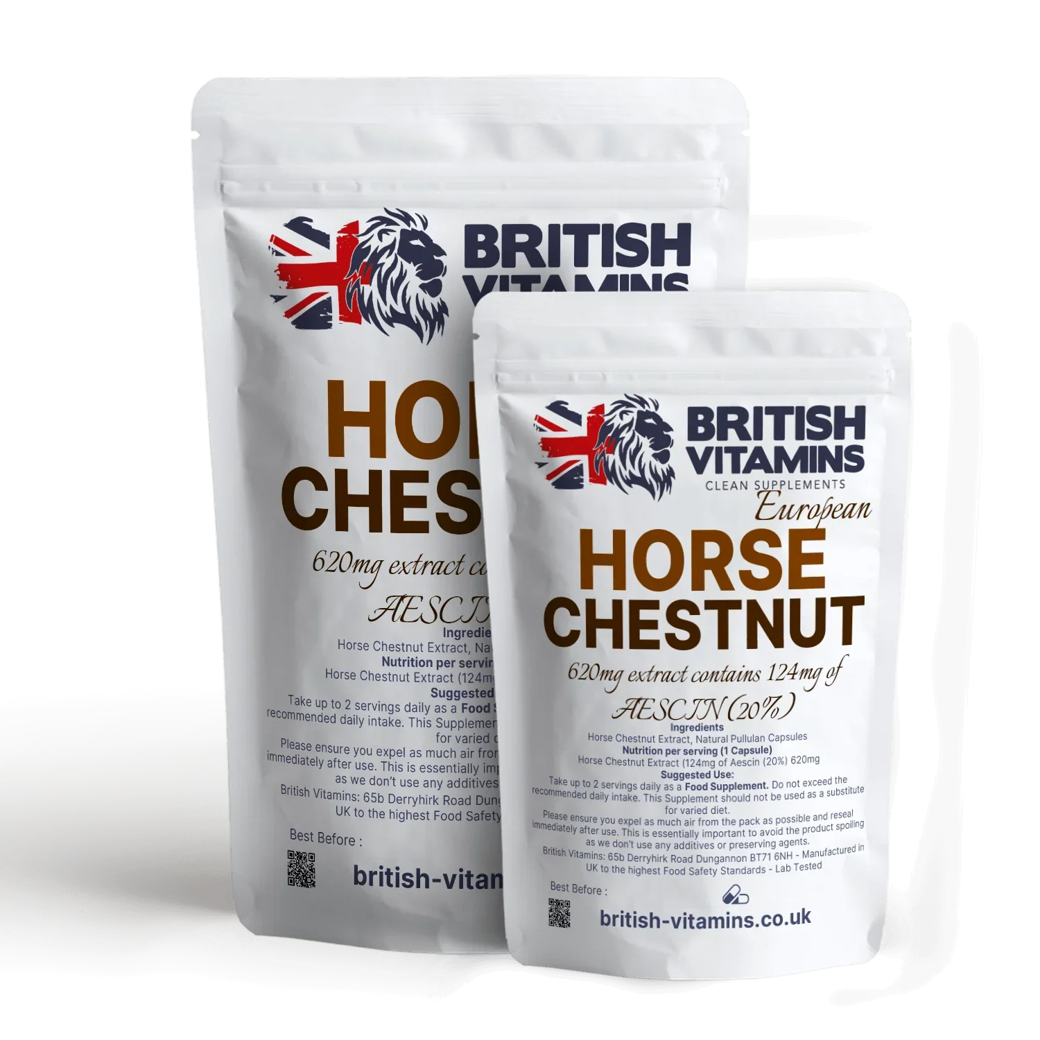 British Vitamins Horse Chestnut capsules food supplement in resealable pouches, lifestyle supplements collection