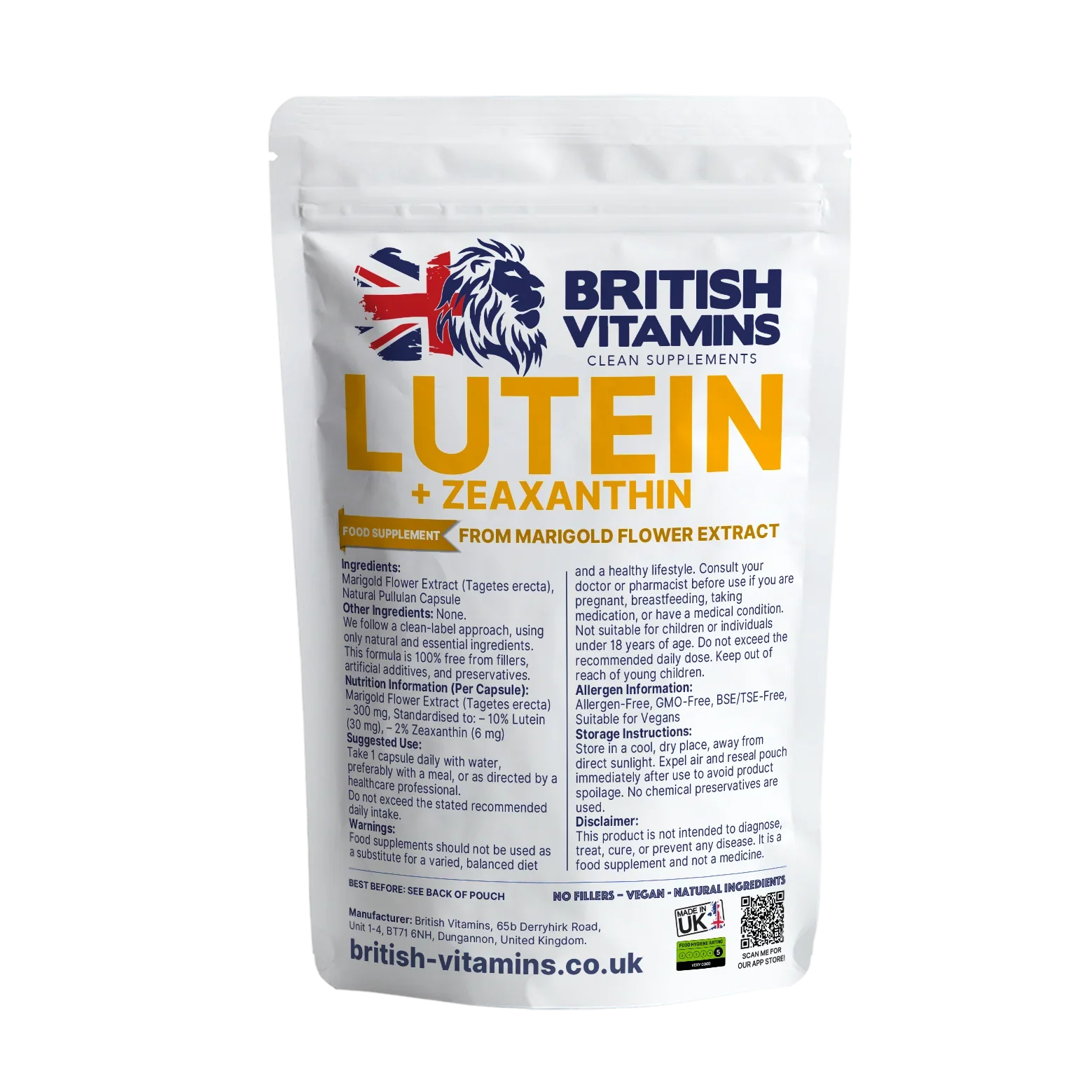 British Vitamins Lutein + Zeaxanthin food supplement pouch from marigold flower extract, health supplements