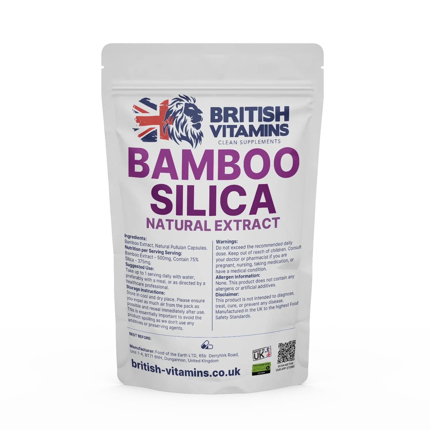 British Vitamins Bamboo Silica Natural Extract food supplement capsules in resealable pouch