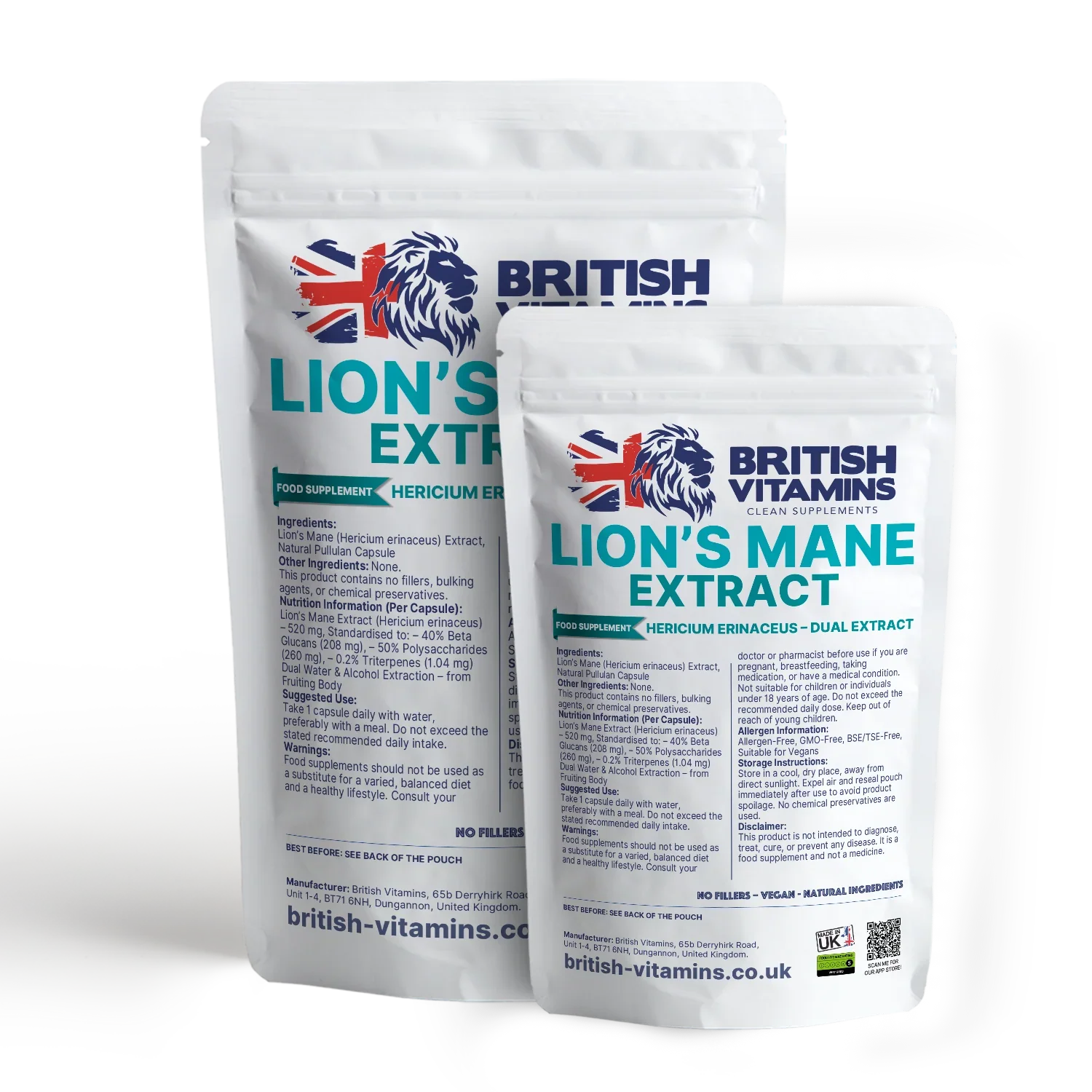 British Vitamins Lion's Mane Extract food supplement pouches, natural Hericium erinaceus capsules