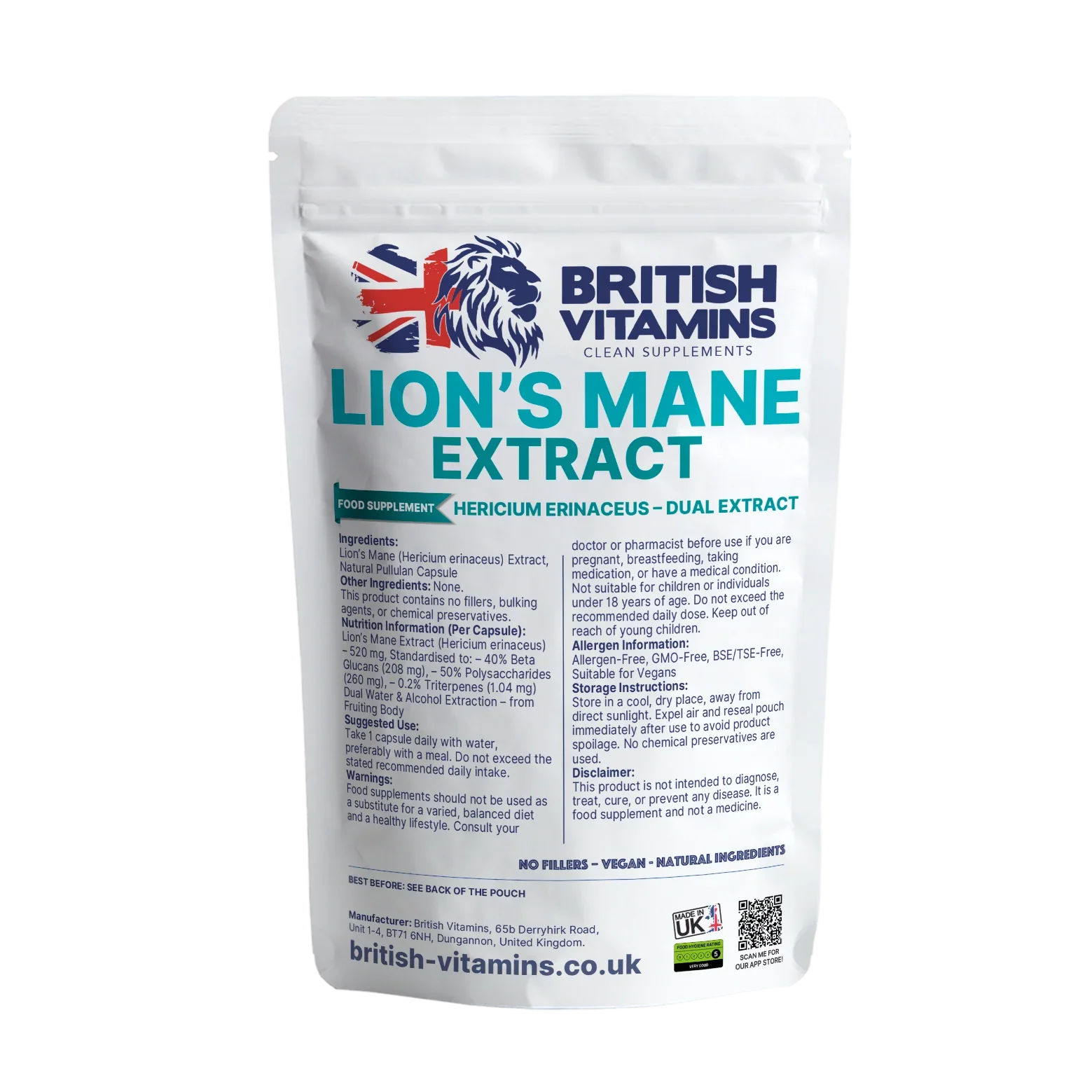 British Vitamins Lion's Mane Extract food supplement pouch, clean supplements, dual extract mushroom capsules