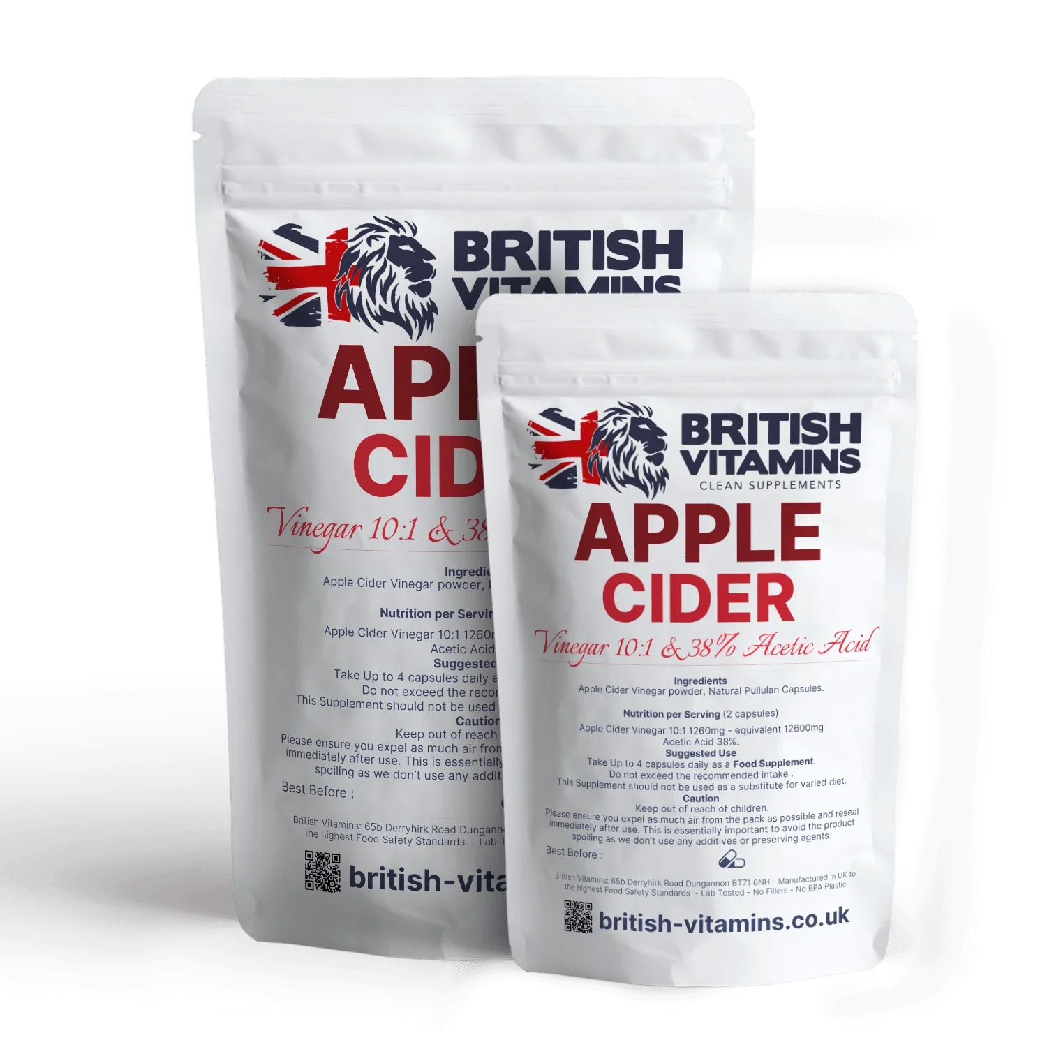British Vitamins Apple Cider vinegar capsules food supplement in white resealable pouches
