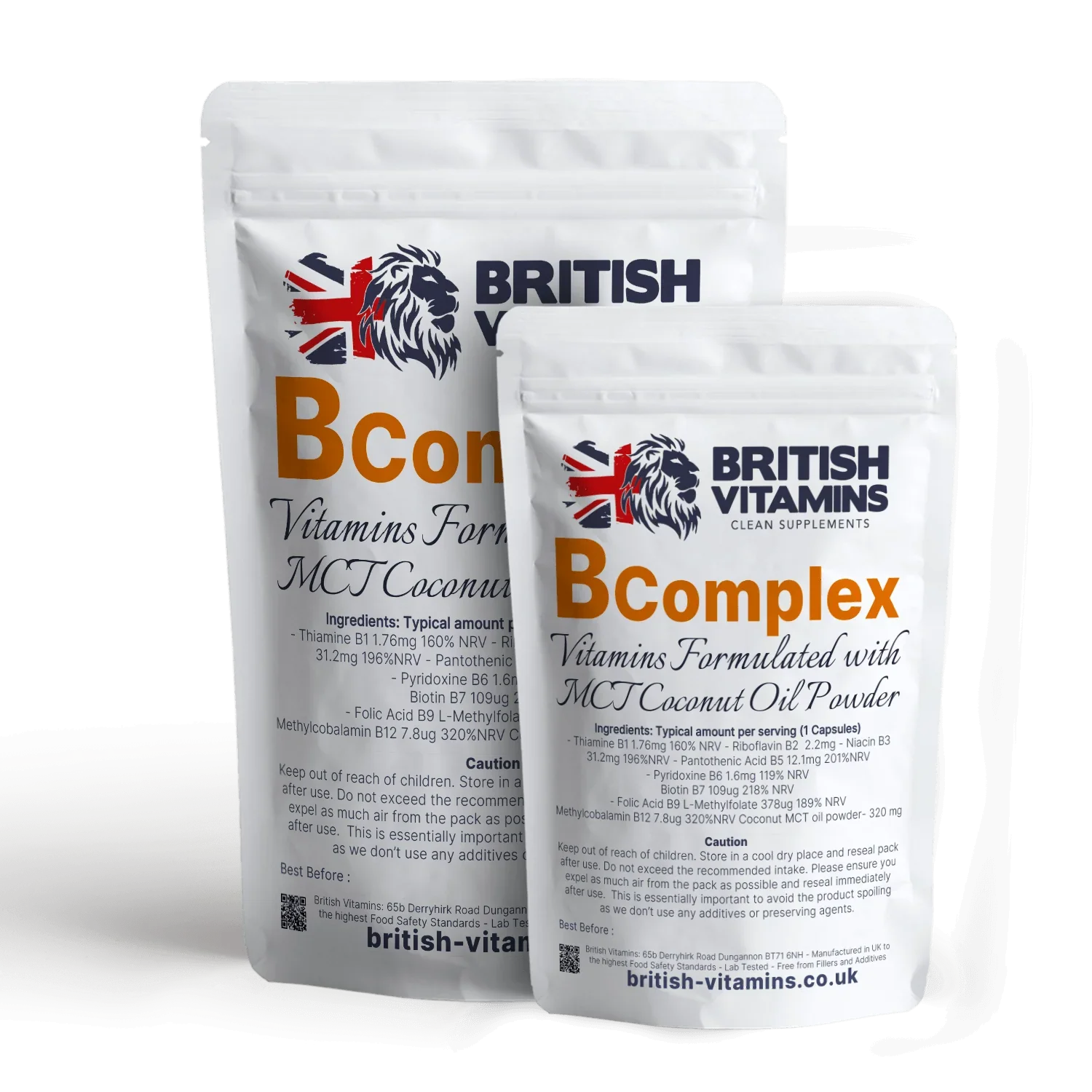 British Vitamins BComplex food supplement with MCT Coconut Oil Powder in white resealable pouches, health vitamins