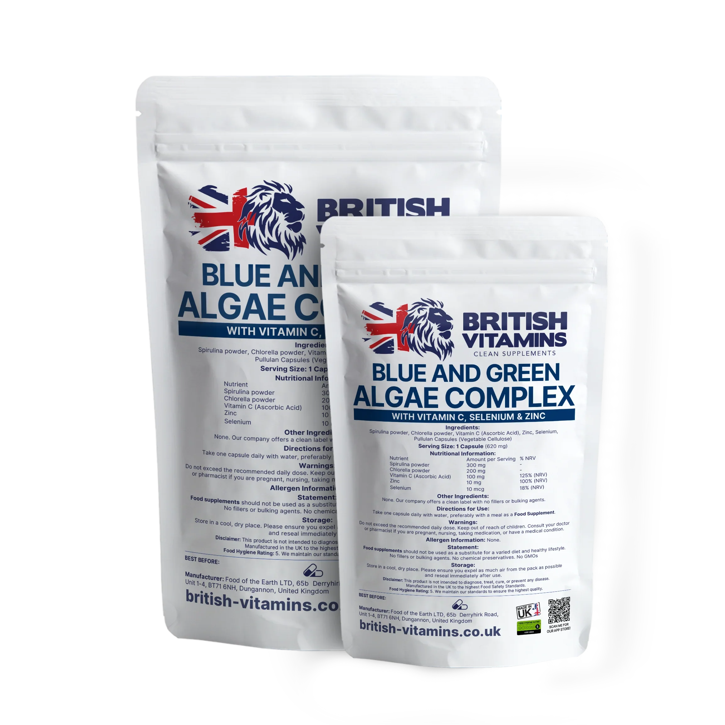 British Vitamins Blue and Green Algae Complex food supplement packs with Vitamin C, Selenium, Zinc capsules