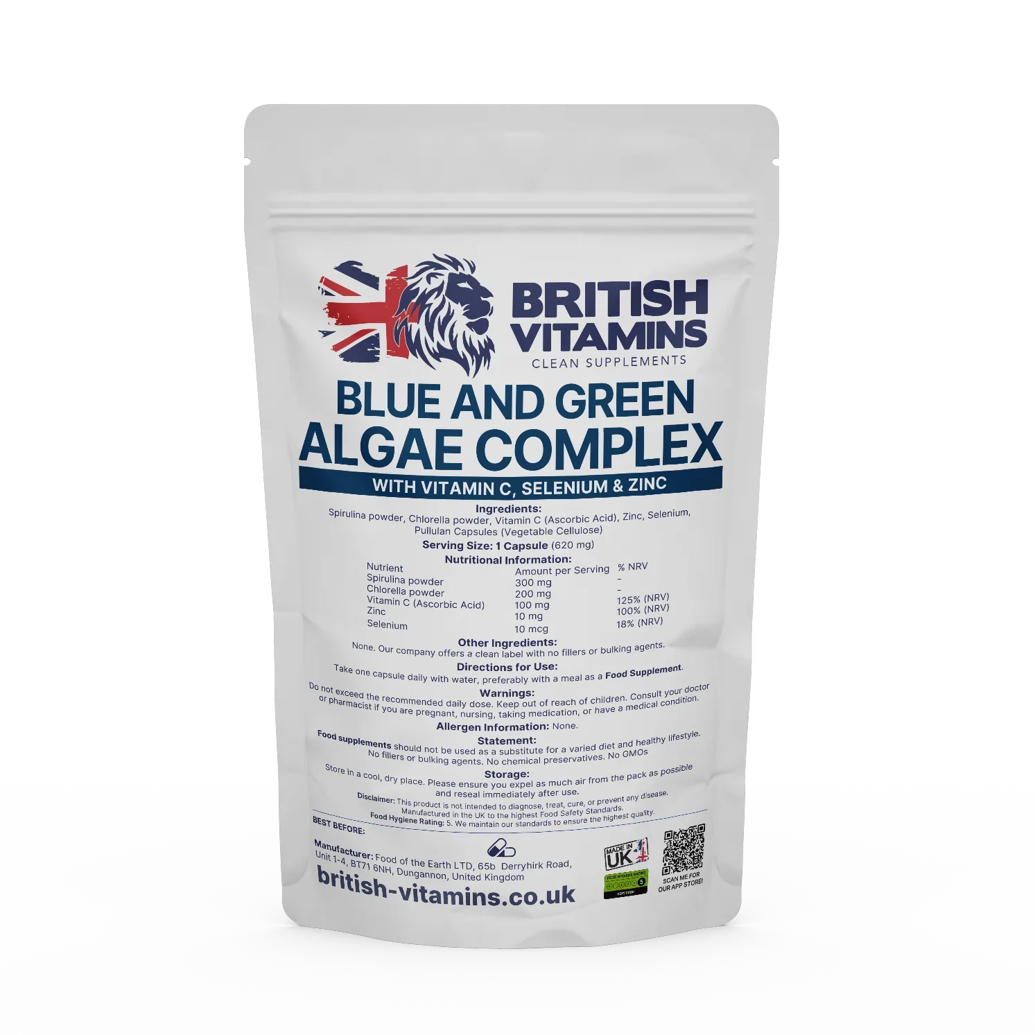British Vitamins Blue and Green Algae Complex food supplement capsules with Vitamin C, Selenium, Zinc