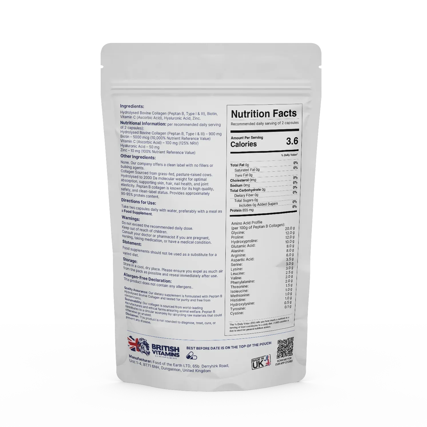 British Vitamins Biotin Complex collagen supplement pouch with nutrition facts and ingredients for health and beauty food supplements