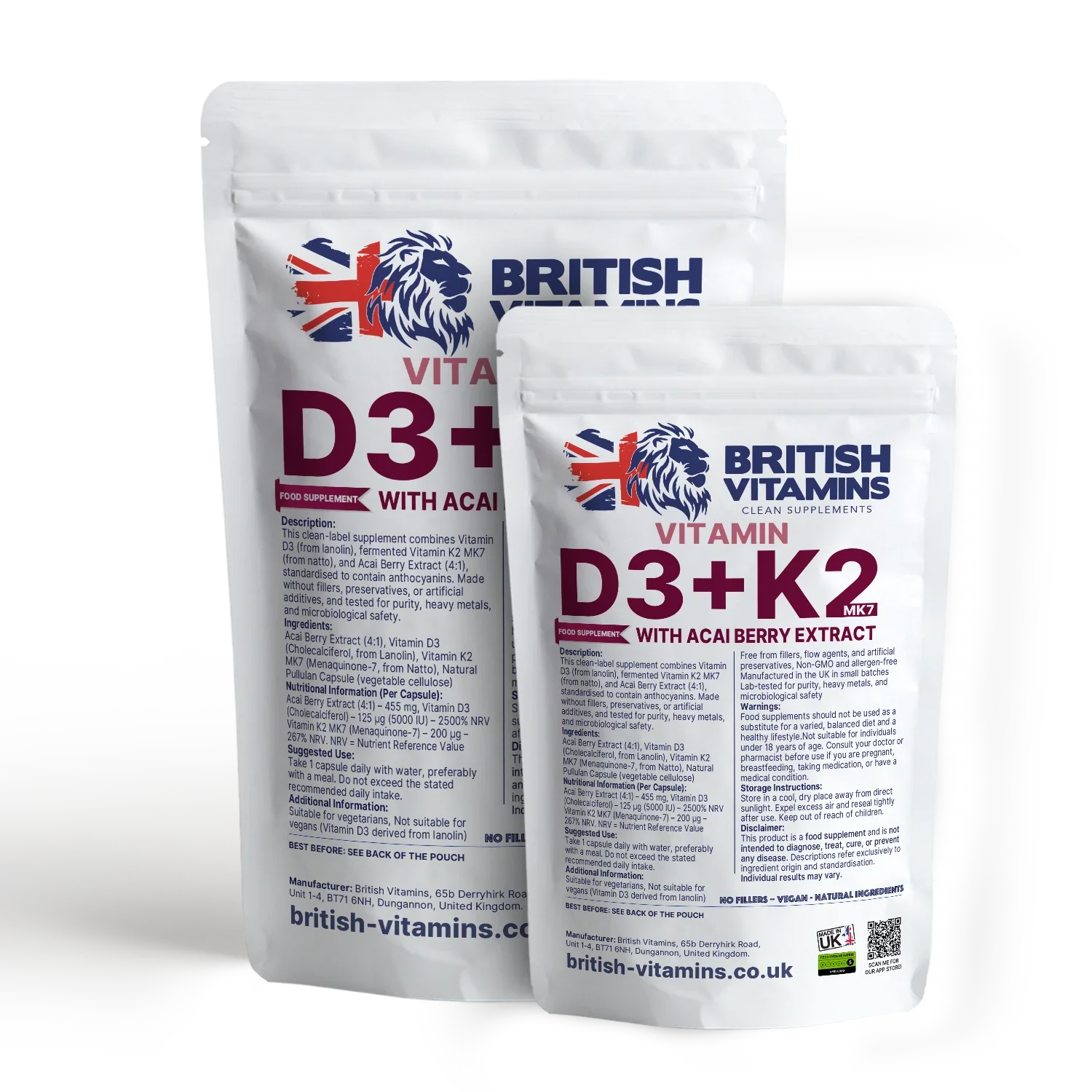 British Vitamins Vitamin D3+K2 with Acai Berry Extract food supplement pouches