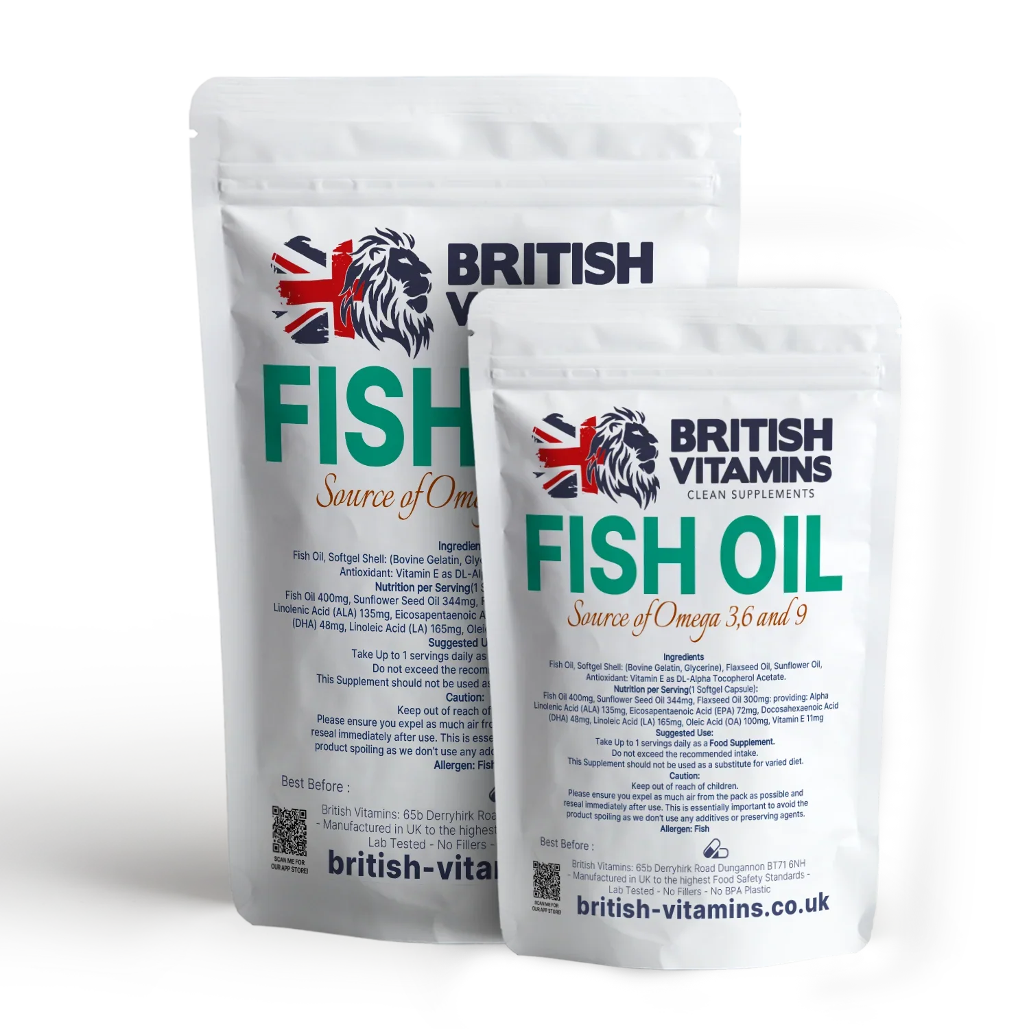 British Vitamins Fish Oil food supplement packets, source of Omega 3, 6 and 9, clean supplements category