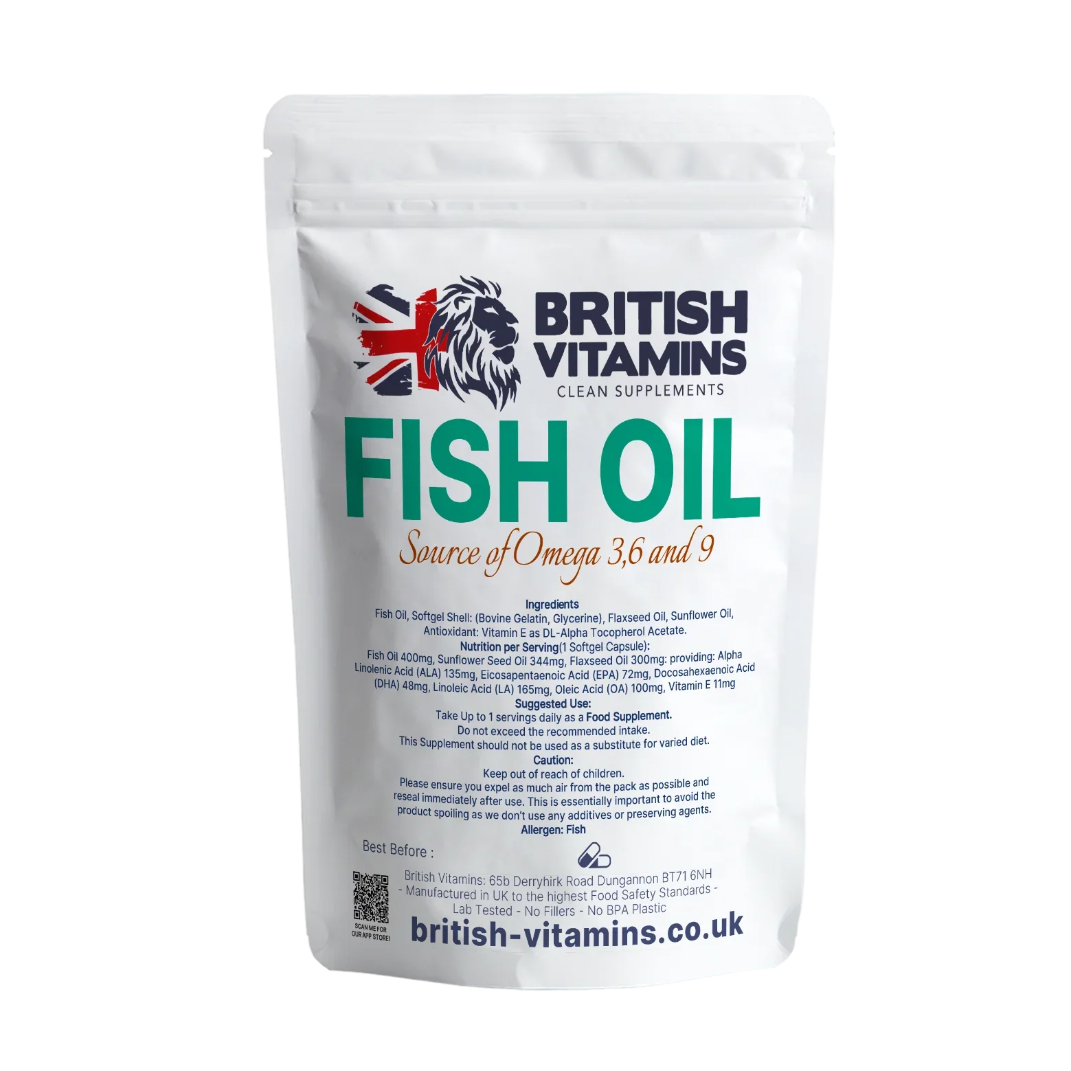 British Vitamins Fish Oil softgel capsules food supplement from clean supplements collection
