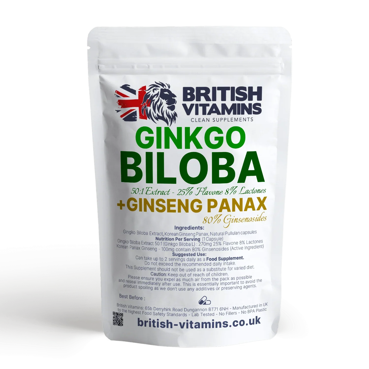 British Vitamins Ginkgo Biloba and Ginseng Panax food supplement capsules in white resealable pouch