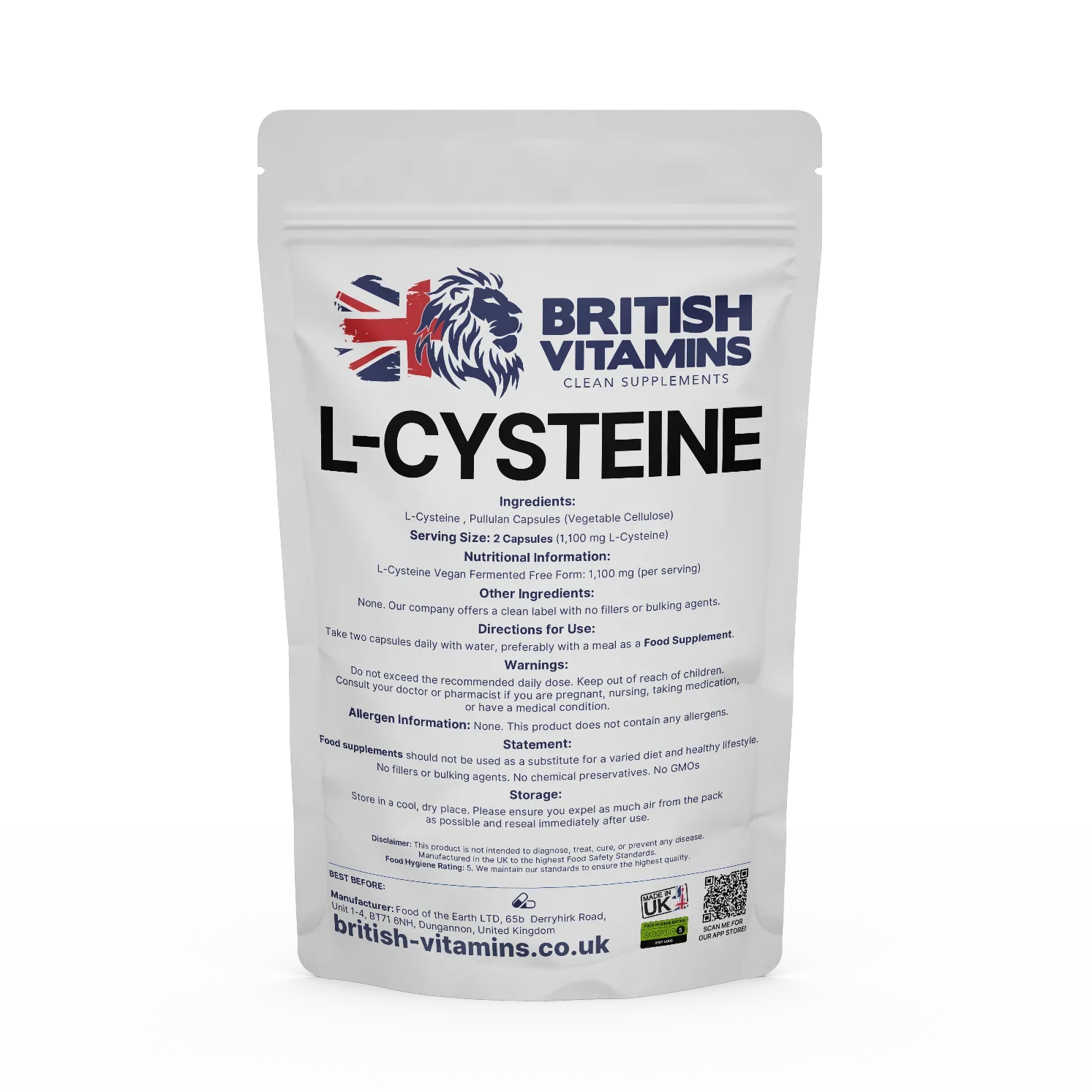 British Vitamins L-Cysteine vegan food supplement in white resealable pouch, clean supplements collection