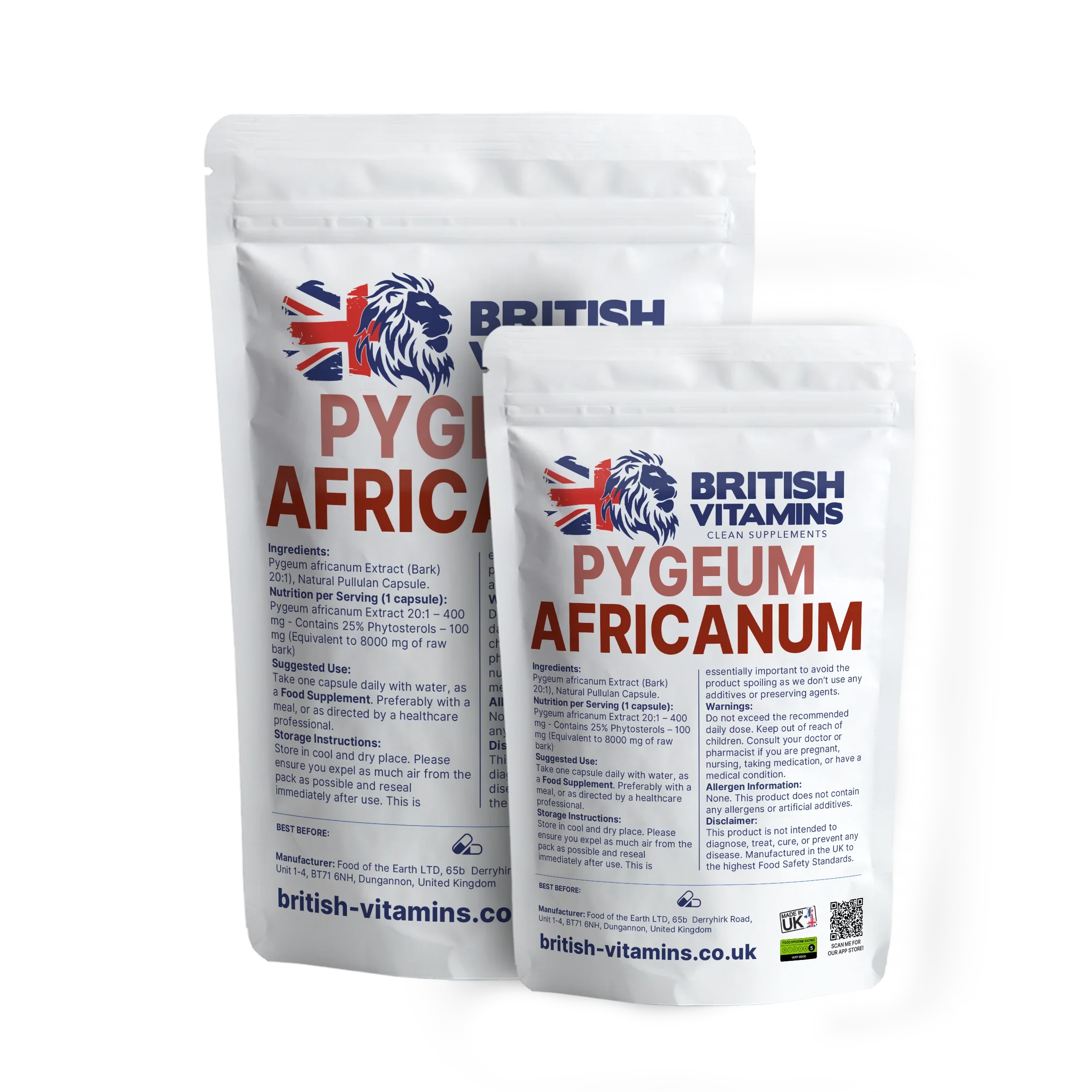 British Vitamins Pygeum Africanum food supplement packagings, natural vitamins and lifestyle supplements