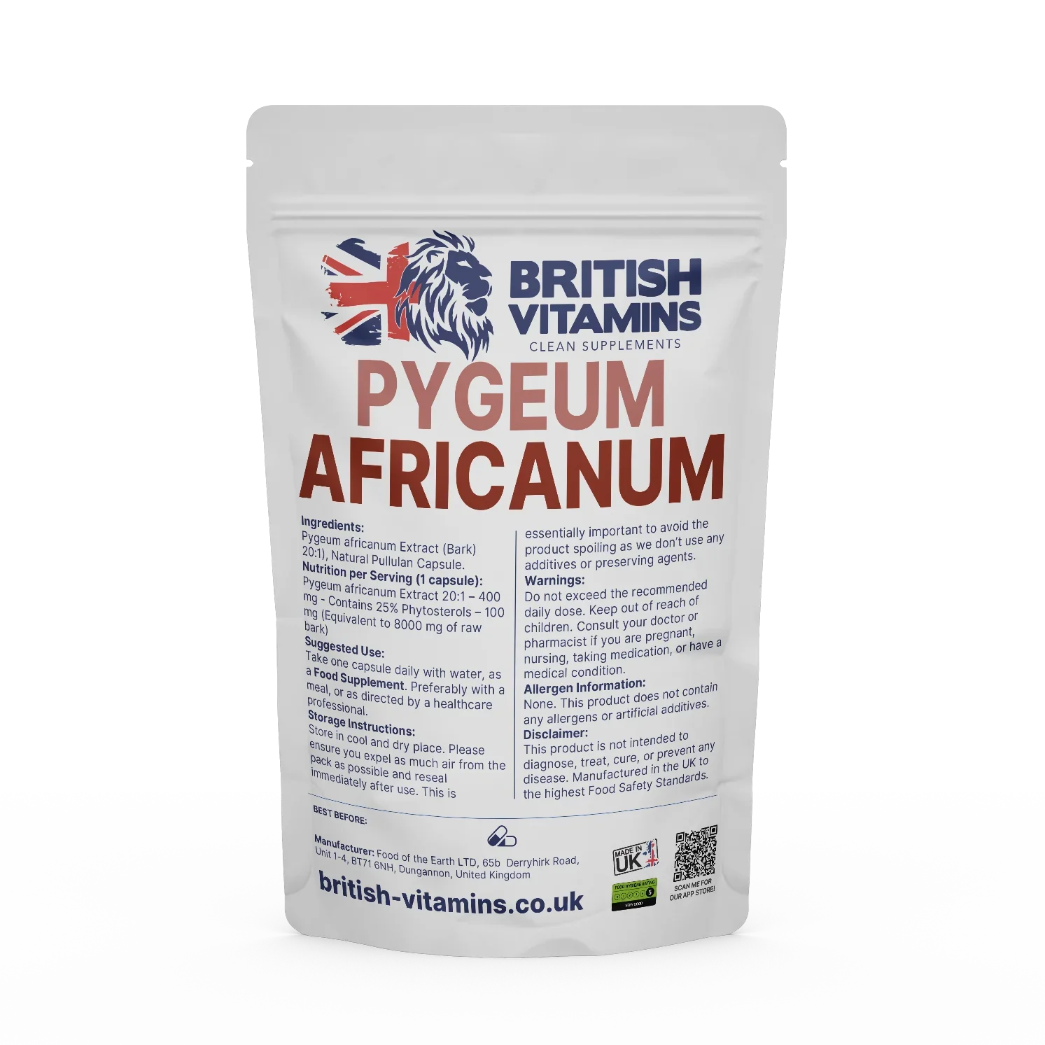 British Vitamins Pygeum Africanum food supplement from clean supplements collection in resealable pouch