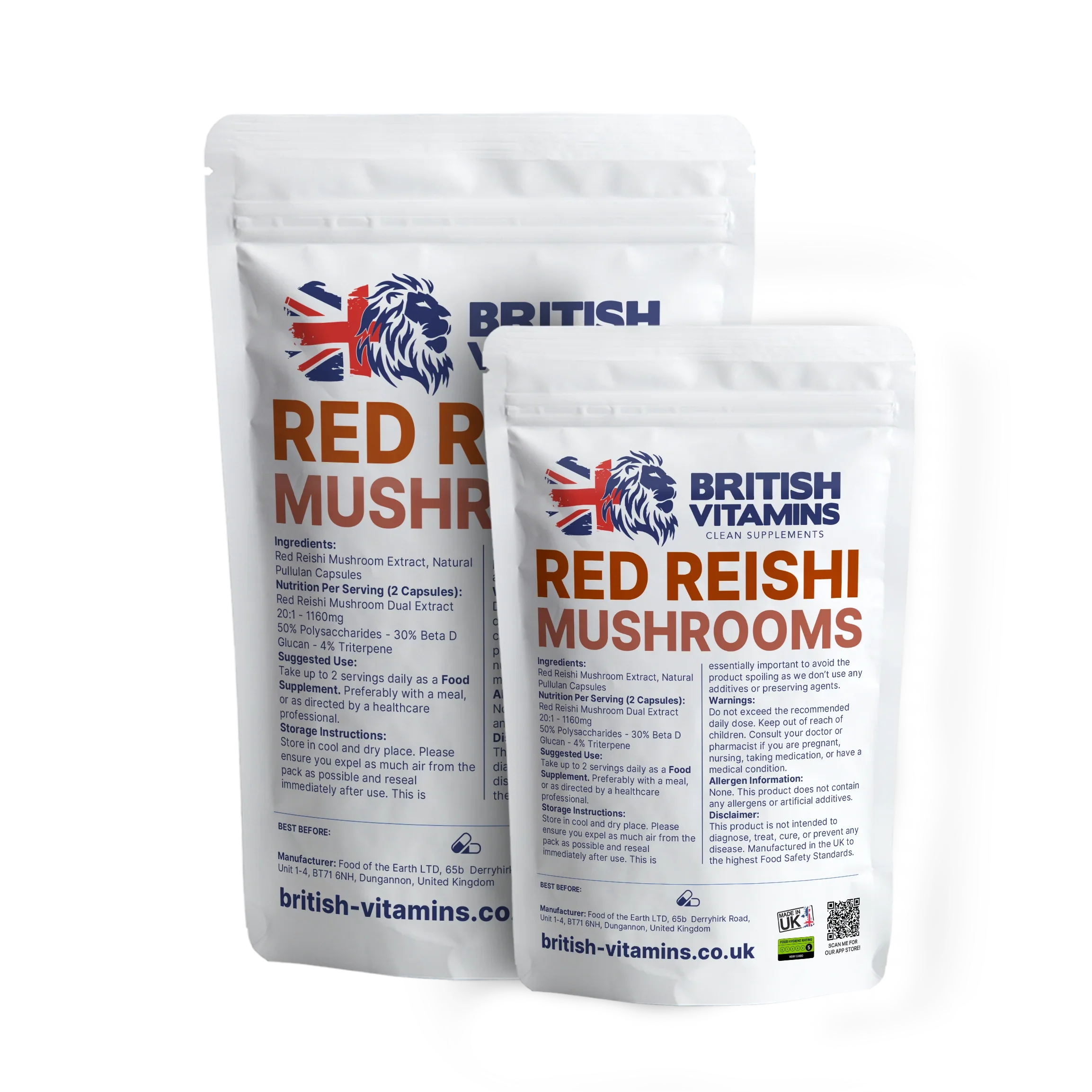British Vitamins Red Reishi Mushrooms food supplement capsules in resealable pouches