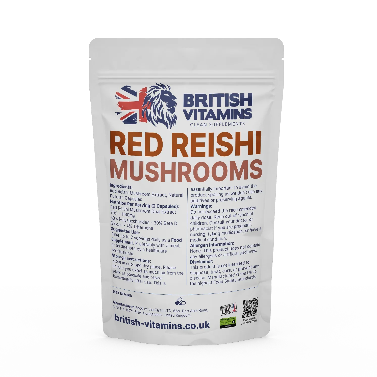 British Vitamins Red Reishi Mushrooms food supplement capsules in clean supplements collection