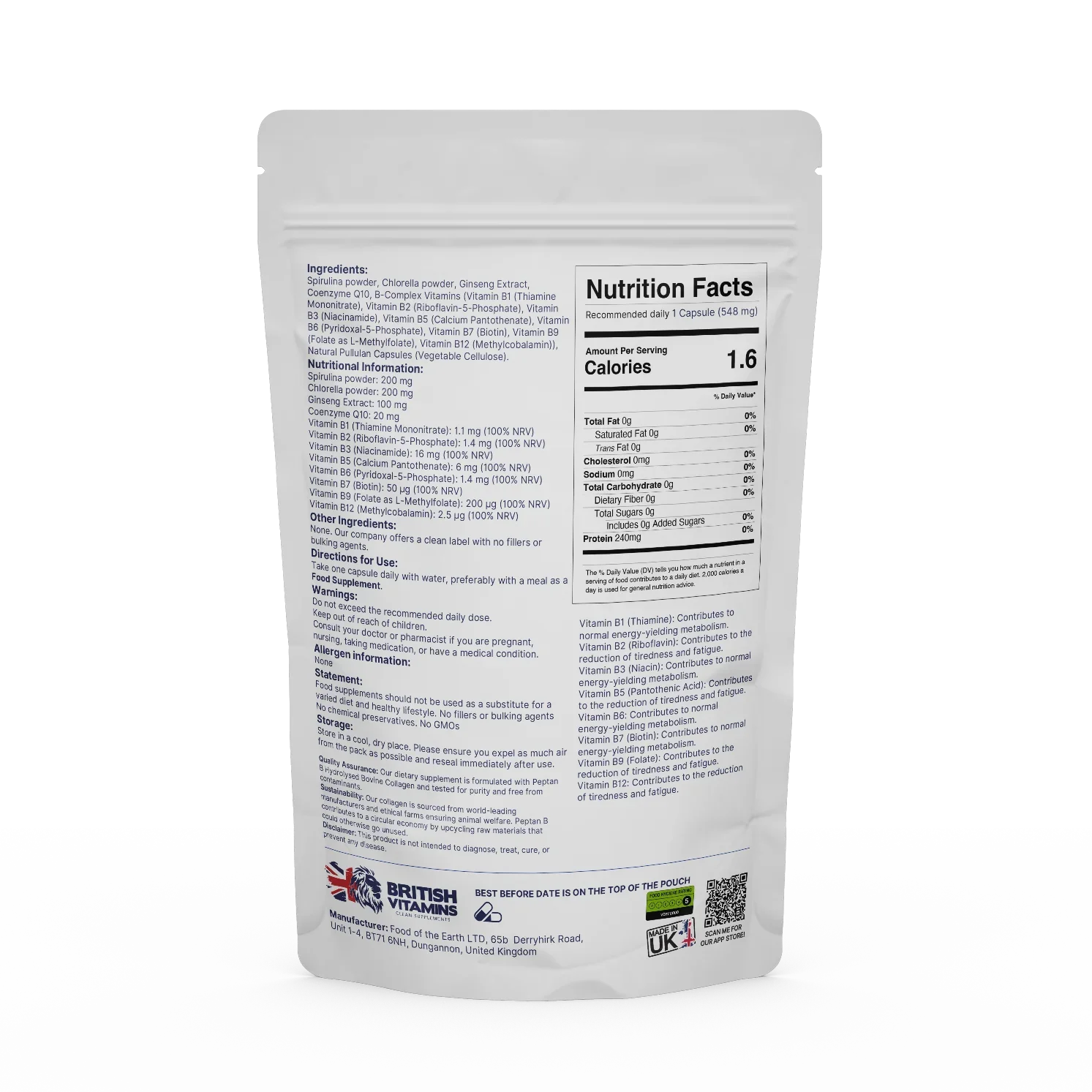 British Vitamins B-Complex Food Supplement back label with ingredients, nutrition facts, and usage instructions