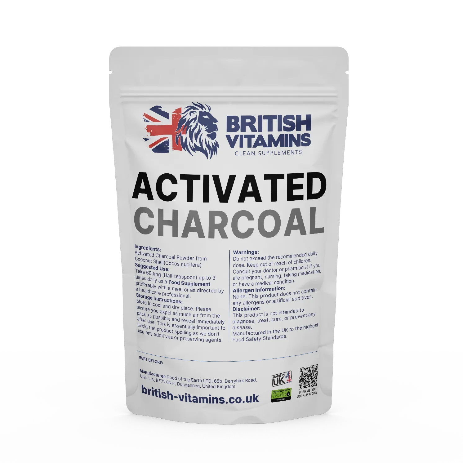 British Vitamins Activated Charcoal powder food supplement from coconut shell, clean supplements