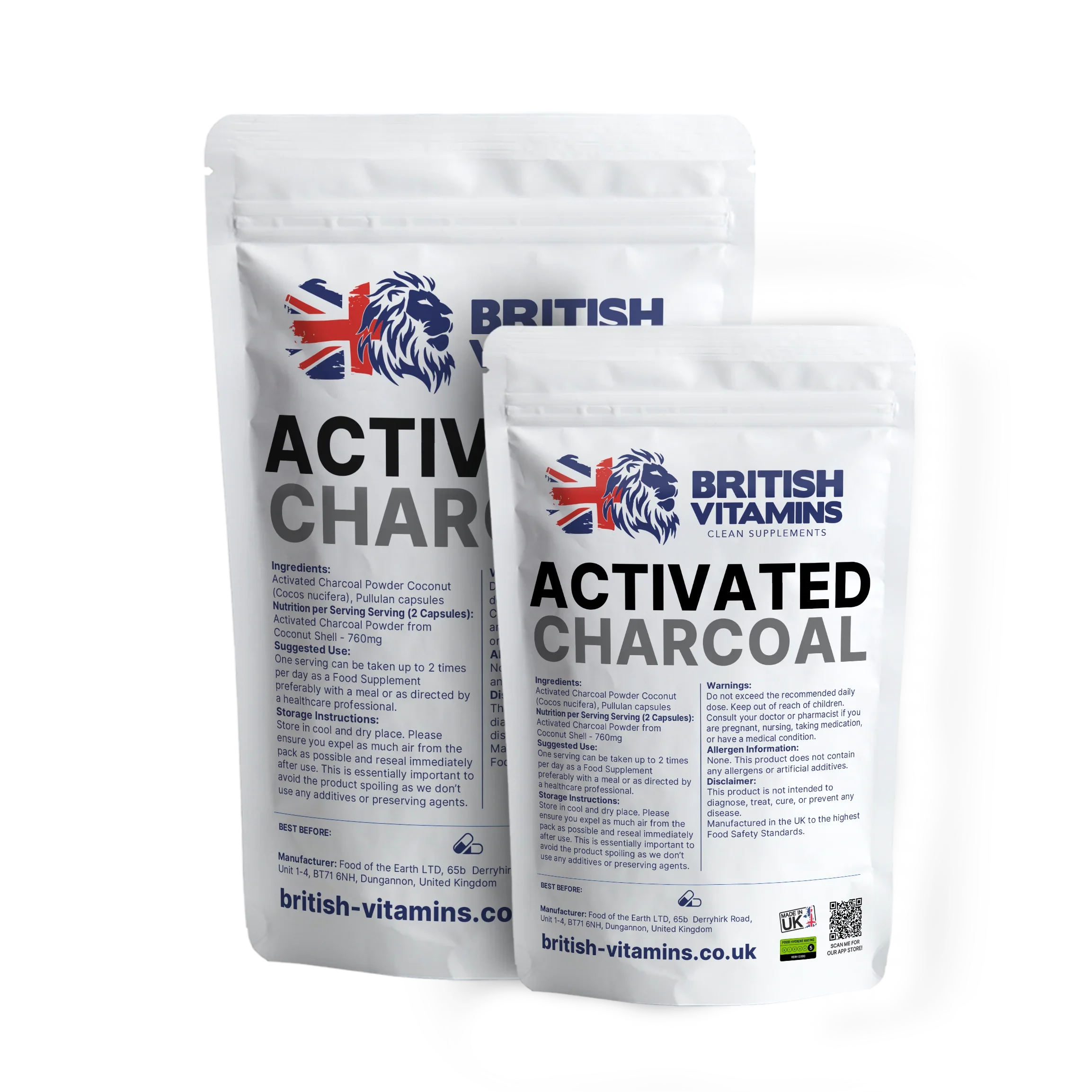 British Vitamins Activated Charcoal food supplement capsules in resealable white pouches