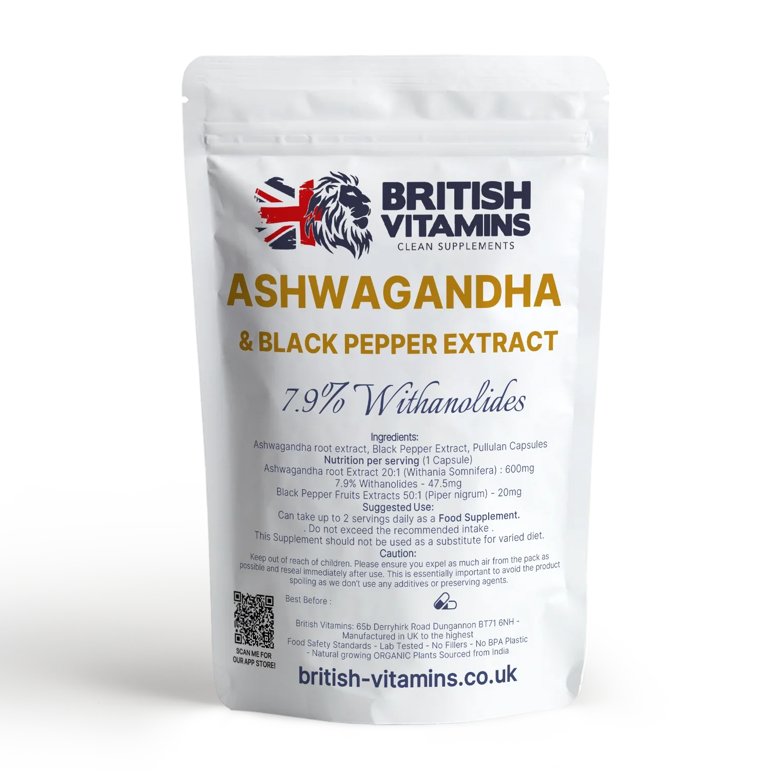 British Vitamins Ashwagandha & Black Pepper Extract food supplement capsules from health vitamins collection