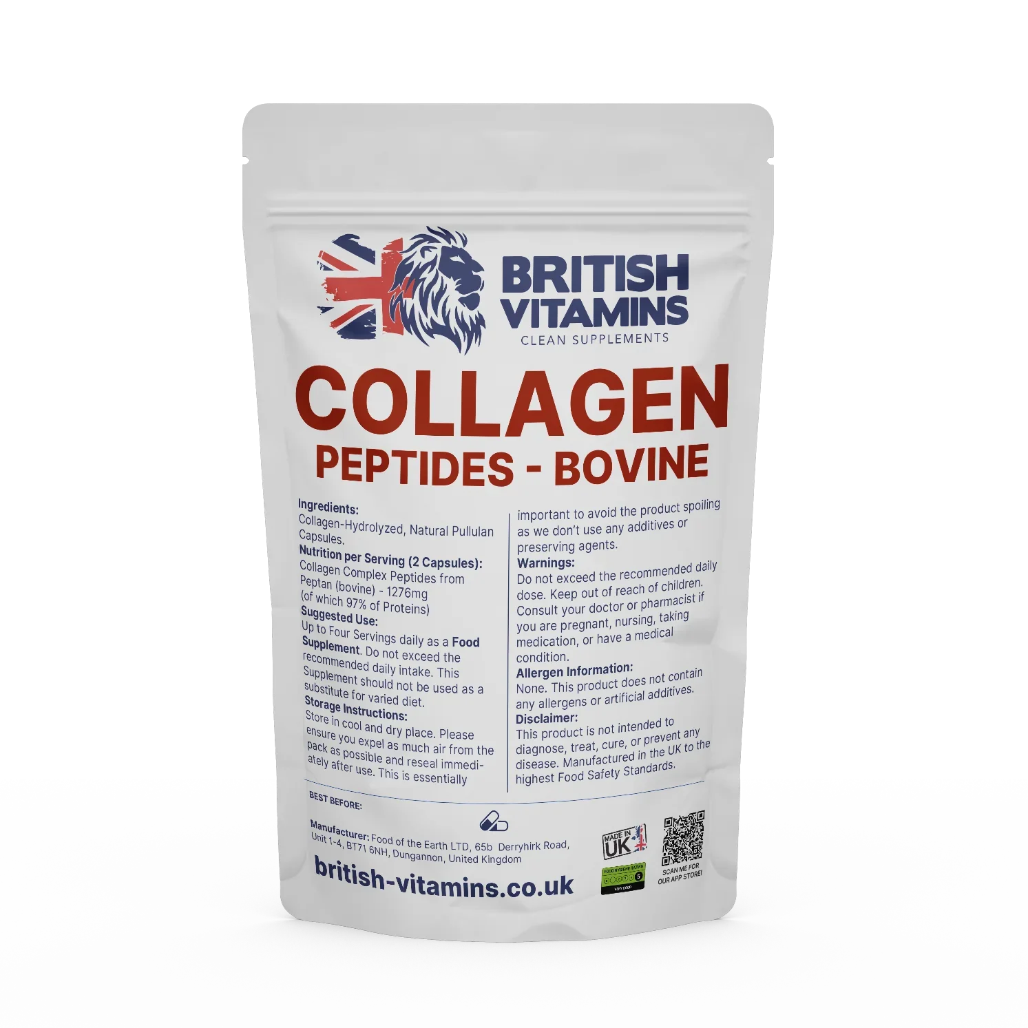 British Vitamins Collagen Peptides Bovine food supplement capsules pouch from health and beauty vitamins collection
