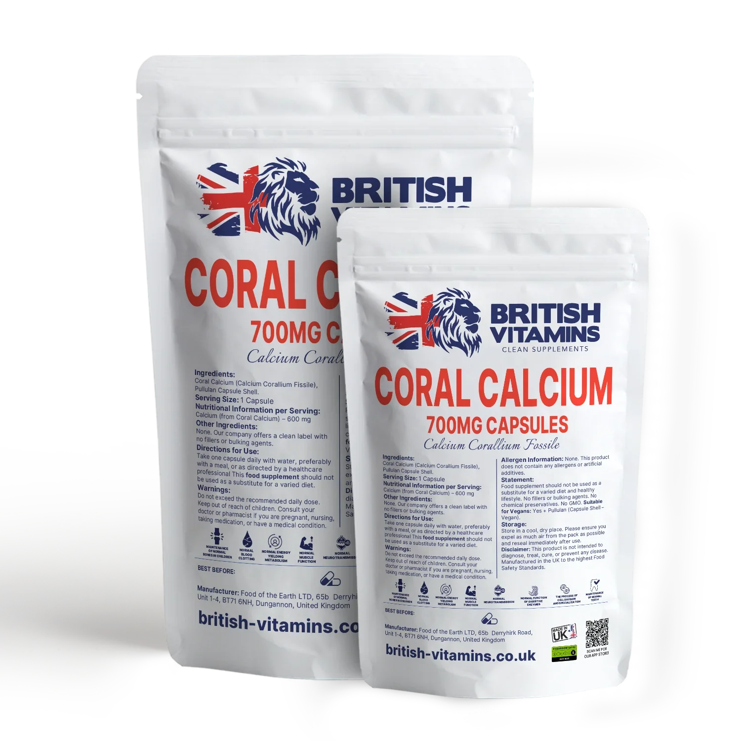 British Vitamins Coral Calcium 700mg Capsules food supplement in white resealable bags