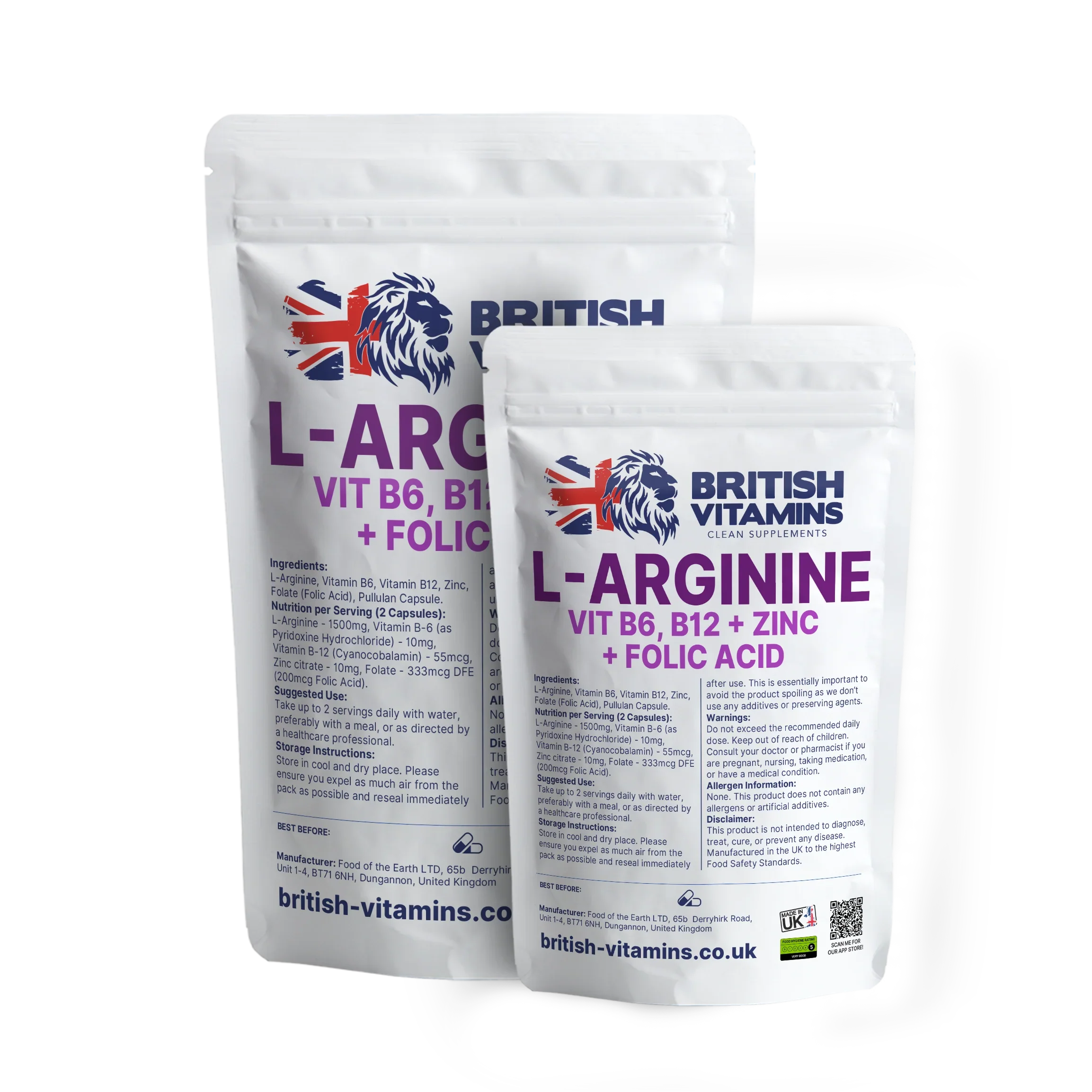 British Vitamins L-Arginine vitamin B6 B12 zinc folic acid food supplement capsules pouch