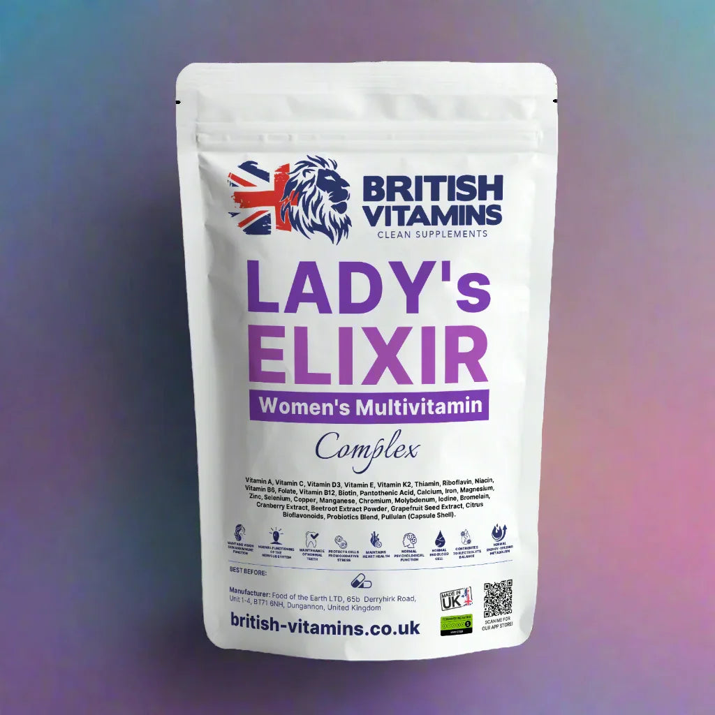 British Vitamins Lady's Elixir Women's Multivitamin Complex food supplement in a white resealable pack