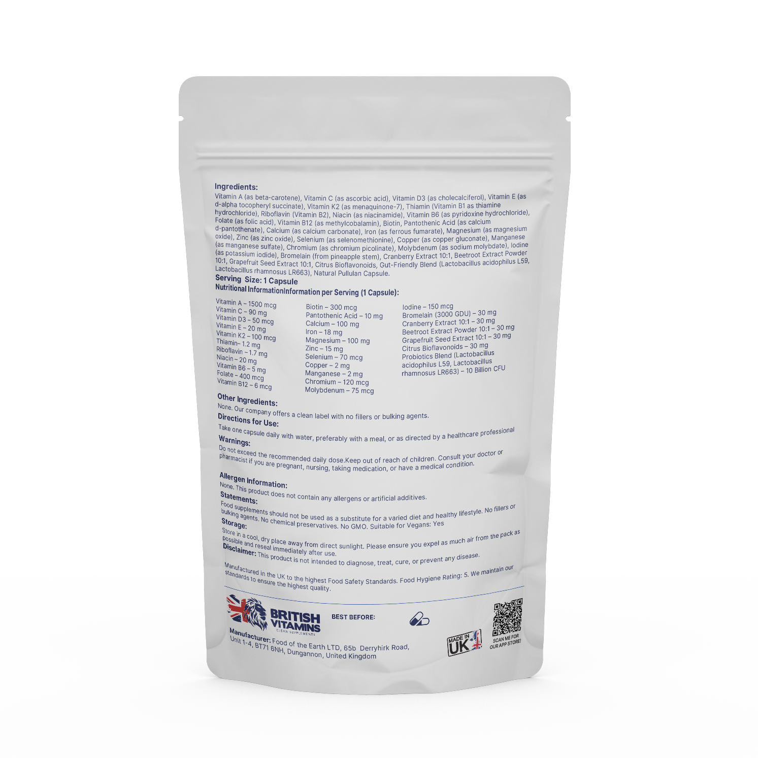 British Vitamins Lady's Elixir capsules back label with ingredients and supplement facts food supplement