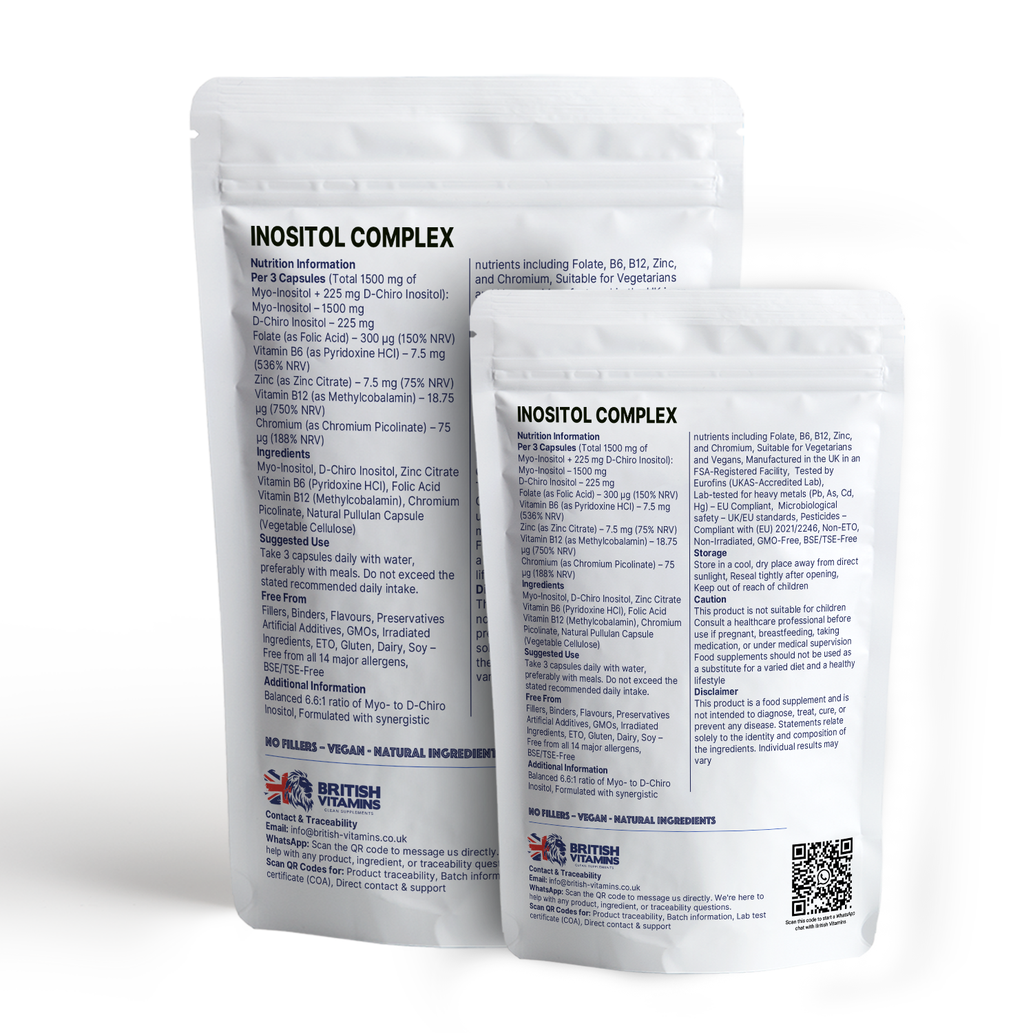 British Vitamins Inositol Complex food supplement capsules in white resealable bags, health vitamins collection