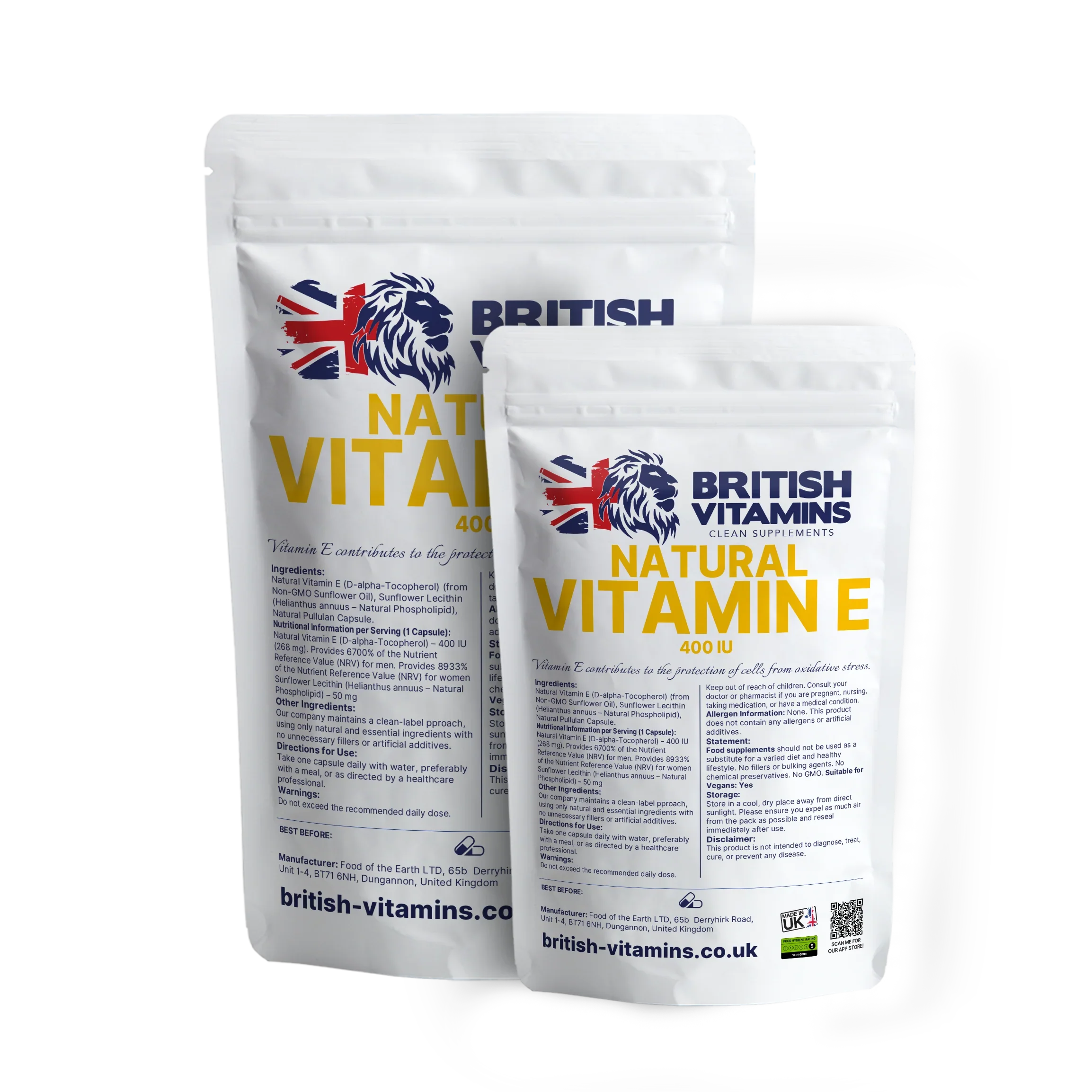 British Vitamins Natural Vitamin E 400 IU food supplement capsules in resealable white pouches from health vitamins lifestyle supplements collection