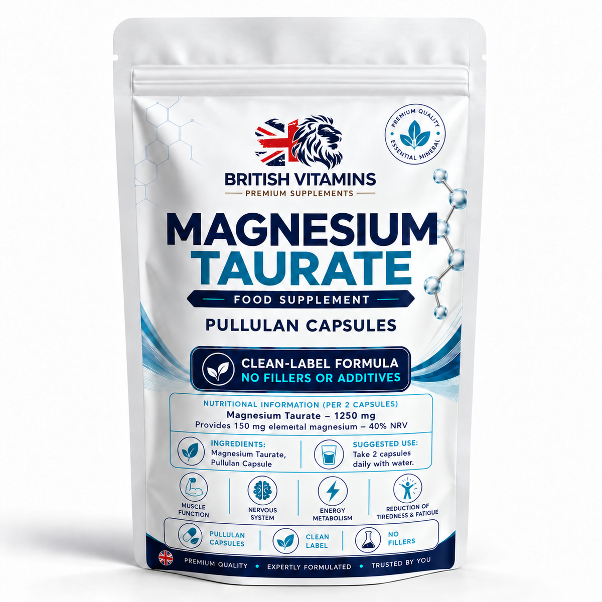 British Vitamins Magnesium Taurate – universal front mockup – Pullulan Capsules