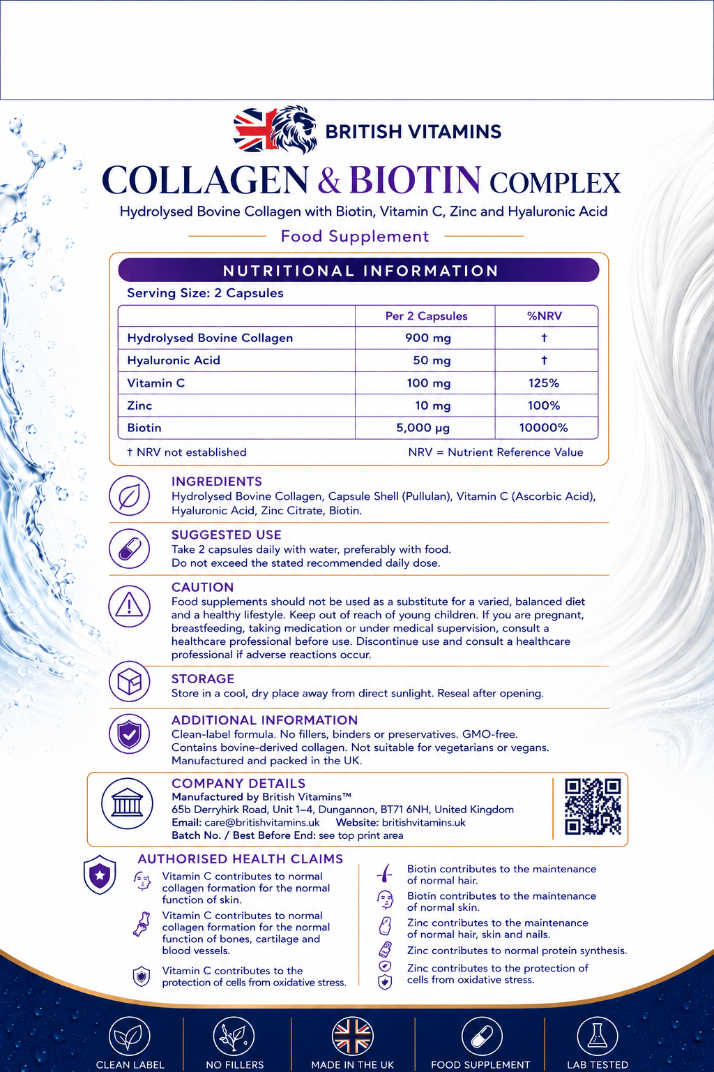 Collagen & Biotin Complex – Bovine Collagen, Vitamin C, Zinc & Hyaluronic Acid – 120 Capsules